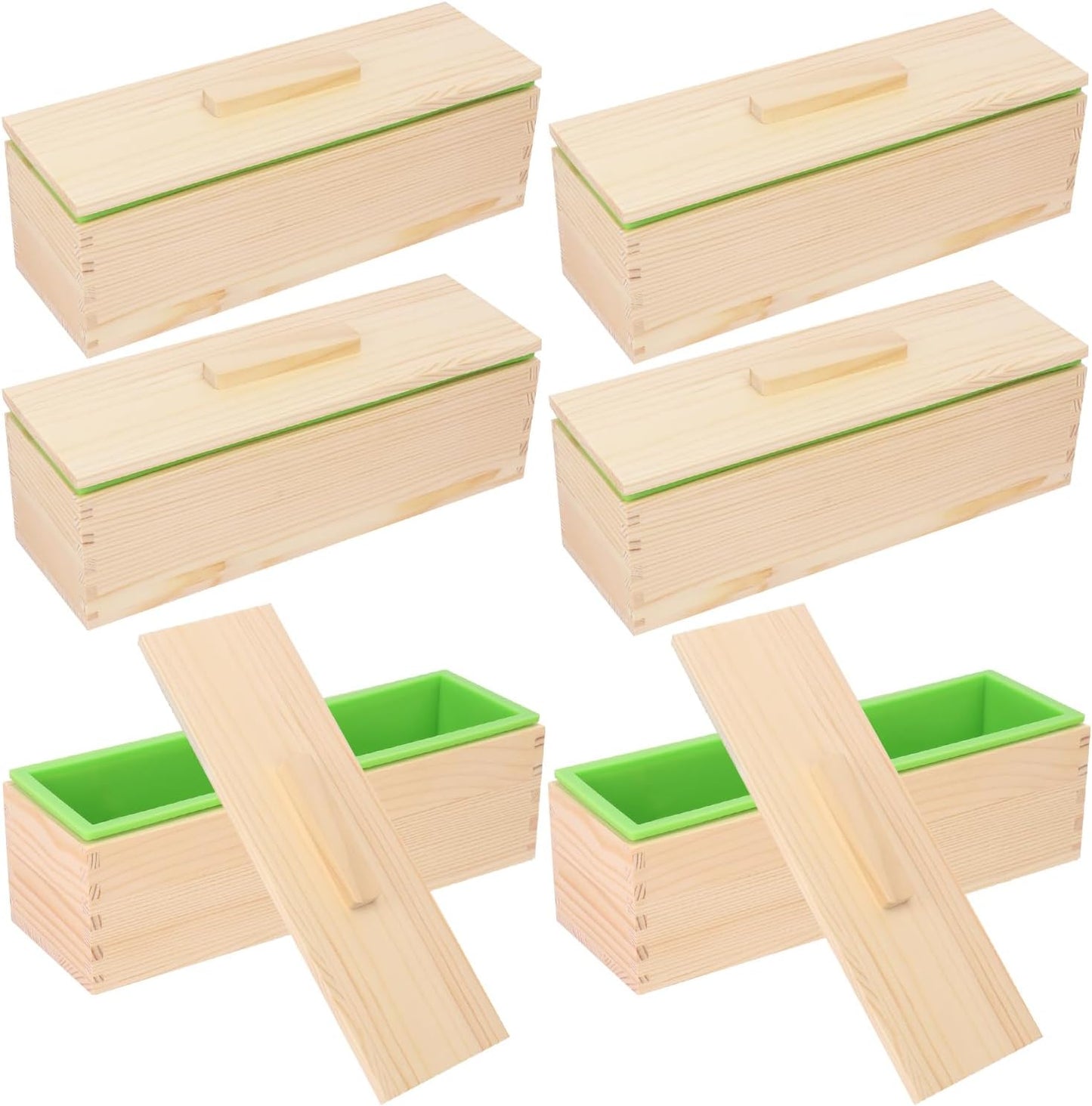 6 Packs 42oz Soap Loaf Wood Box for Soap Making, Green Premium Silicone Loaf Soap Mollds with Wooden Box and Lid, Ideal for Large Size Homemade Soaps, Flexible and Heat Resistant