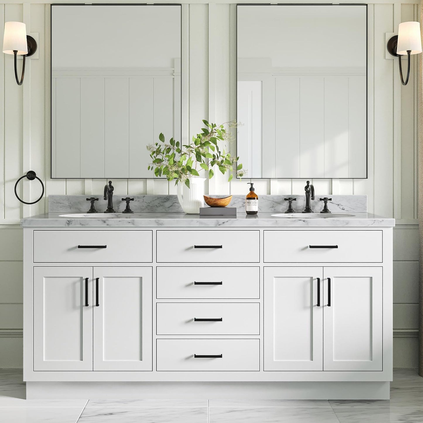 ARIEL 73" White Double Vanity, 1.5" Edge Pure White Quartz Countertop & Splash, Oval Sinks, 4 Soft Closing Doors, 6 Full Extension Dovetail Drawers, Toe Kick, Matte Black