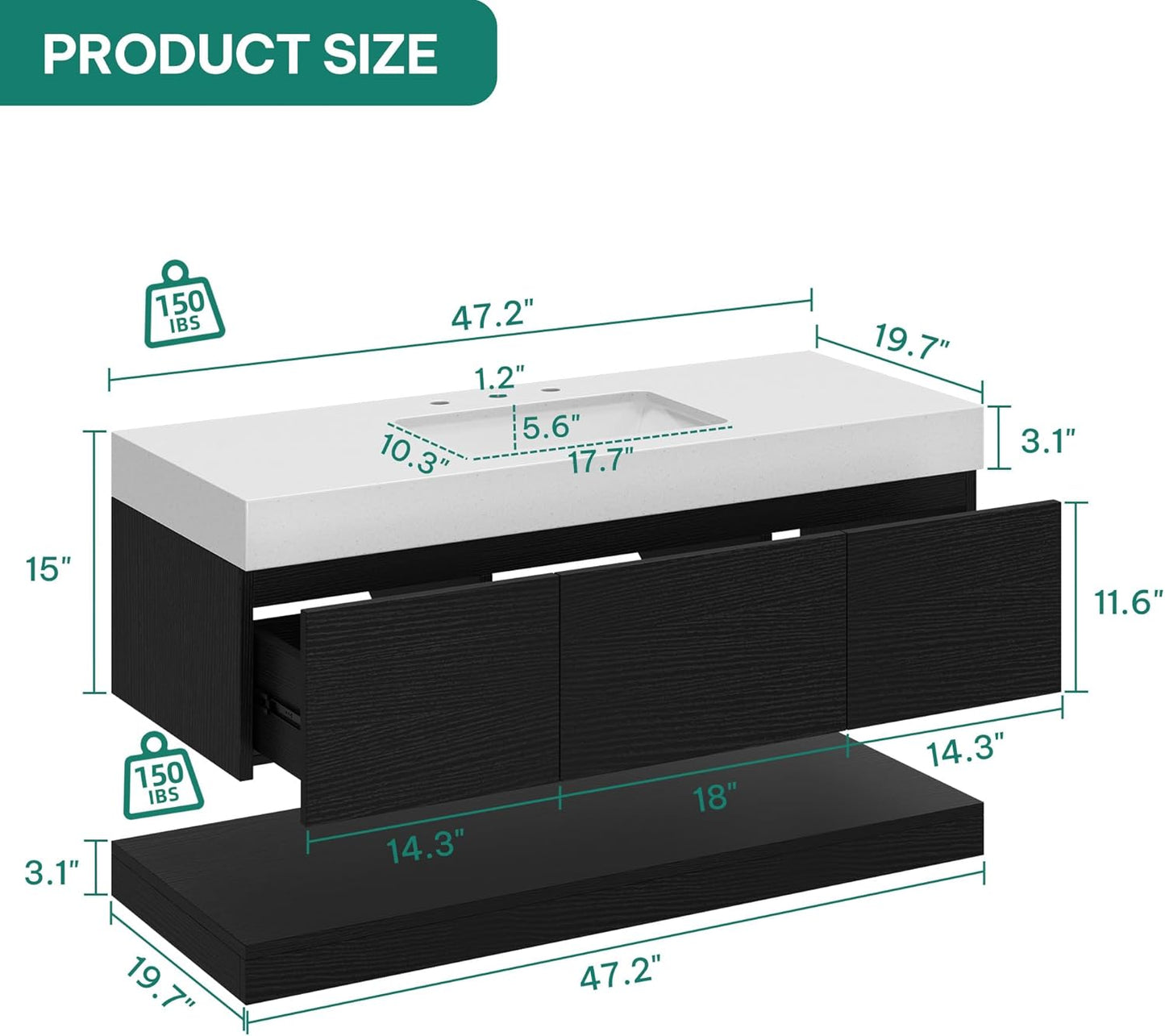 YITAHOME 48 Inch Floating Vanity with 3 Drawers, Wall Mounted Bathroom Vanity with White Quartz Countertop & Oak Veneer, Big Space Storage for Modern Bathroom, Black