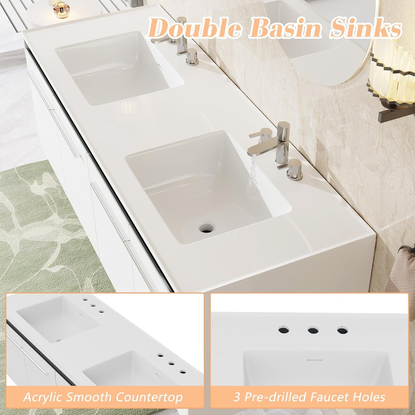 AMERLIFE 60" LED Floating Bathroom Double Vanity with Sink Combo, Modern High Gloss Wall Mounted Bathroom Storage Cabinet with 3 Hole Sink & & Metal Handles & Soft Closing Doors, White