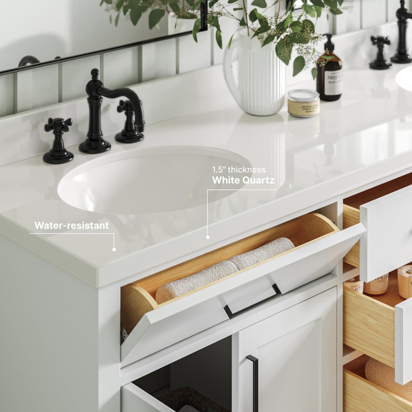 ARIEL 73" White Double Vanity, 1.5" Edge Pure White Quartz Countertop & Splash, Oval Sinks, 4 Soft Closing Doors, 6 Full Extension Dovetail Drawers, Toe Kick, Matte Black