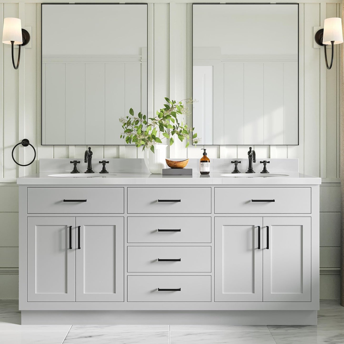 ARIEL 73" White Double Vanity, 1.5" Edge Pure White Quartz Countertop & Splash, Oval Sinks, 4 Soft Closing Doors, 6 Full Extension Dovetail Drawers, Toe Kick, Matte Black