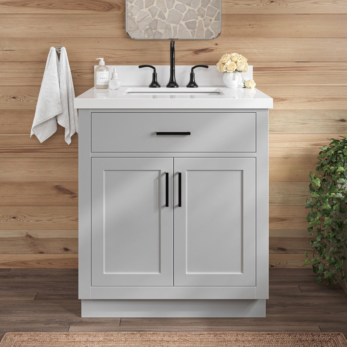 ARIEL 31" Bathroom Vanity with Single Sink, White Bathroom Vanity Cabinet, Quartz Top 1.5" Edge, Solid Wood, Undermount Bathroom Sink, 2 Soft Closing Doors, 1 Tip-Out Drawer, Hepburn Collection