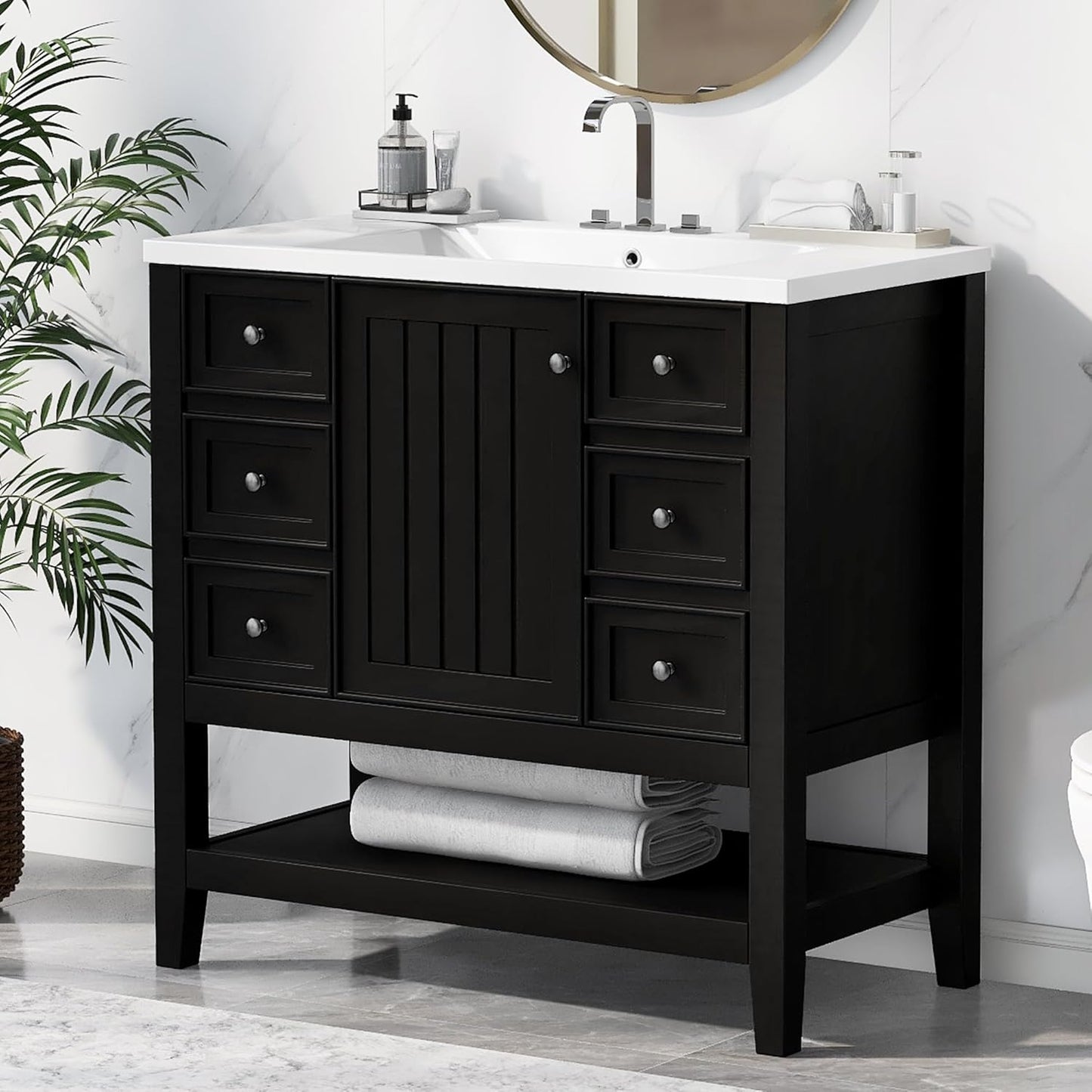 48" Bathroom Vanities with Sink Combo Modern Thickened Wood Bathroom Storage Cabinet Undermount Double Sink, with 4 Soft Closing Doors & 4 Drawers,Black