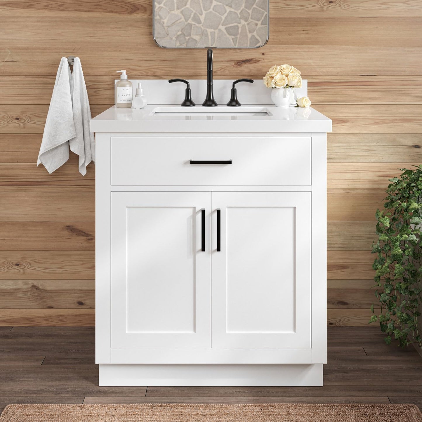 ARIEL 31" Bathroom Vanity with Single Sink, White Bathroom Vanity Cabinet, Quartz Top 1.5" Edge, Solid Wood, Undermount Bathroom Sink, 2 Soft Closing Doors, 1 Tip-Out Drawer, Hepburn Collection