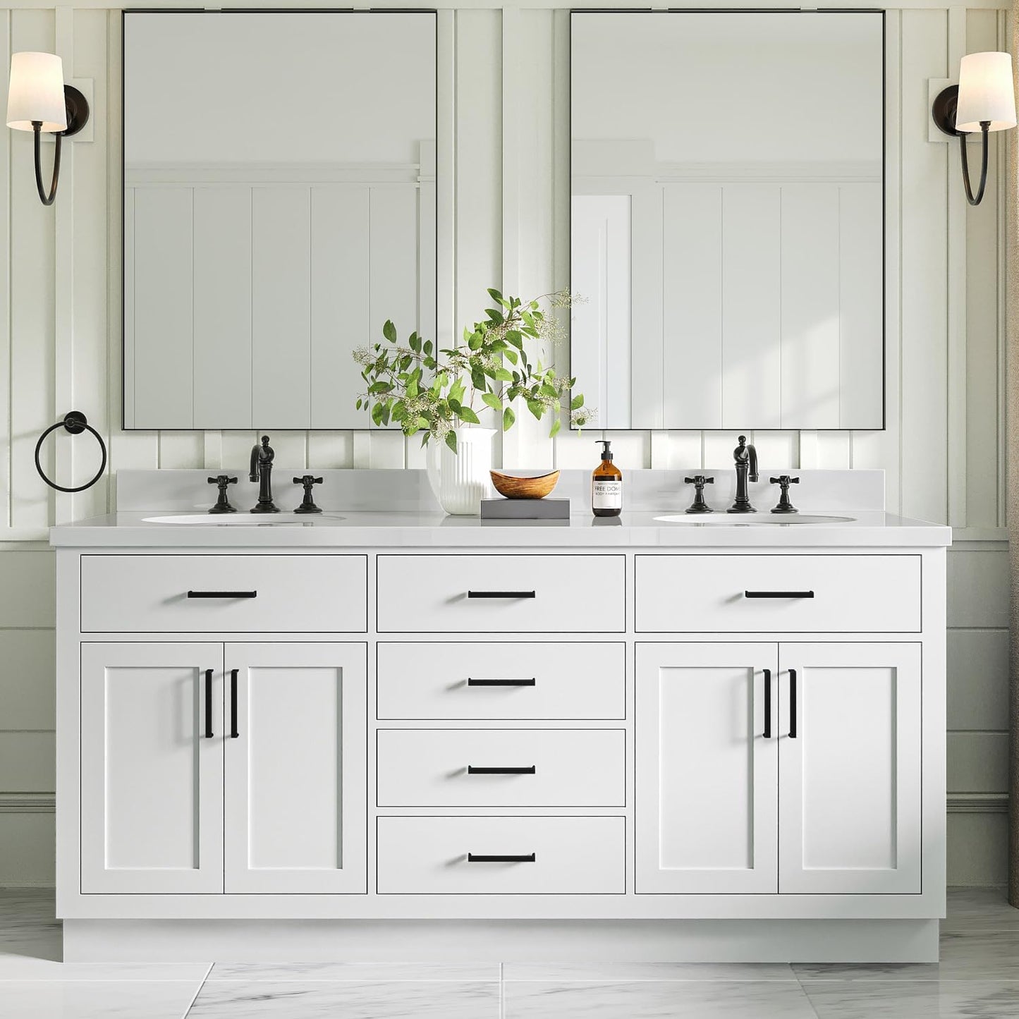 ARIEL 73" White Double Vanity, 1.5" Edge Pure White Quartz Countertop & Splash, Oval Sinks, 4 Soft Closing Doors, 6 Full Extension Dovetail Drawers, Toe Kick, Matte Black