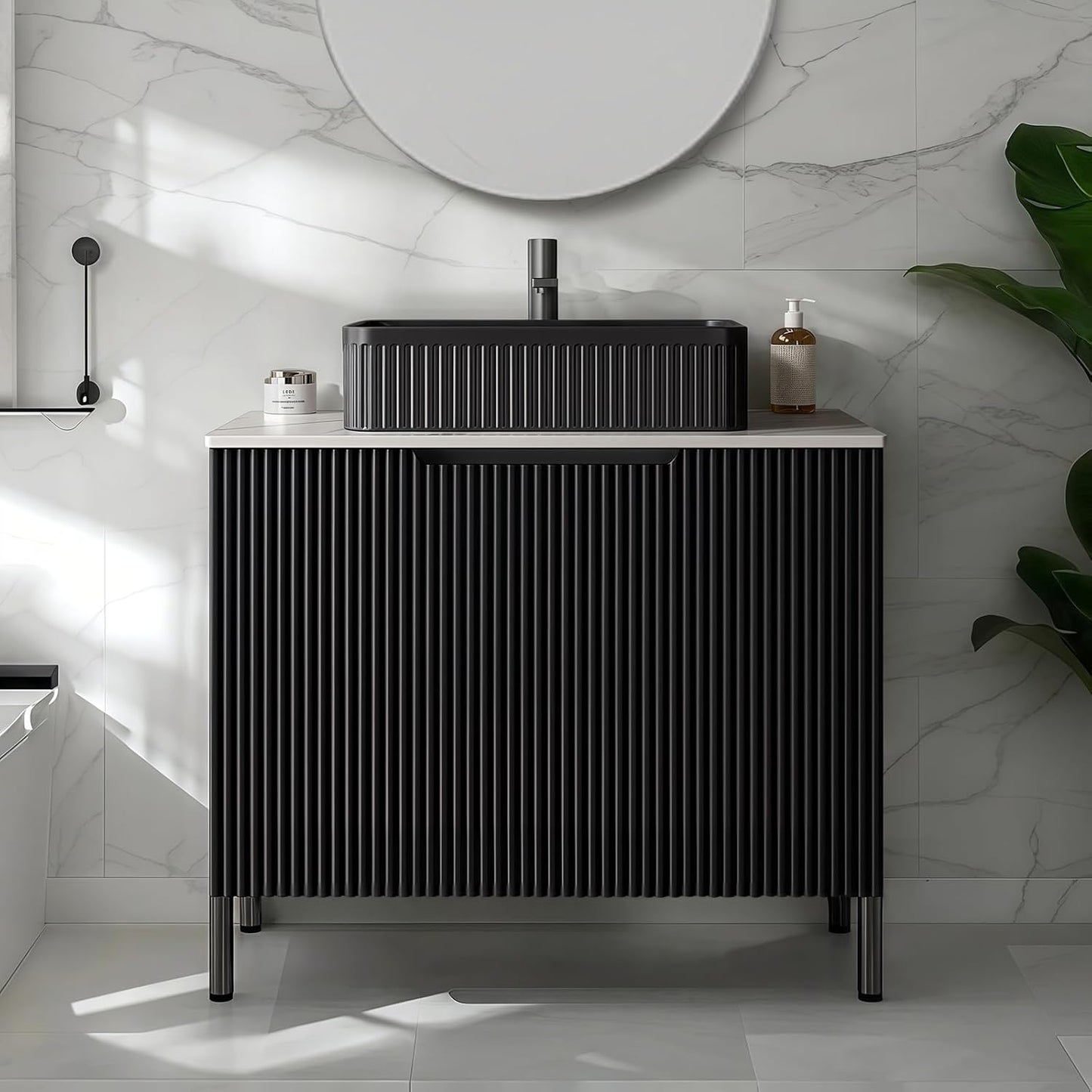48" Black Bathroom Vanity with Sink, Freestanding Modern Bathroom Vanity with 3 Doors and Open Shelf, Black Rectangular Ceramic Basin and White Sintered Stone Counter Top