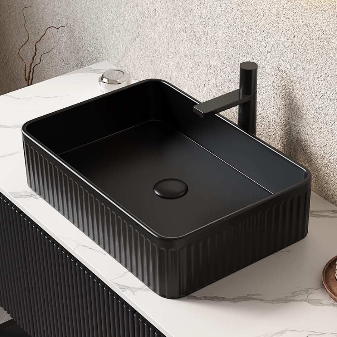48" Black Bathroom Vanity with Sink, Freestanding Modern Bathroom Vanity with 3 Doors and Open Shelf, Black Rectangular Ceramic Basin and White Sintered Stone Counter Top