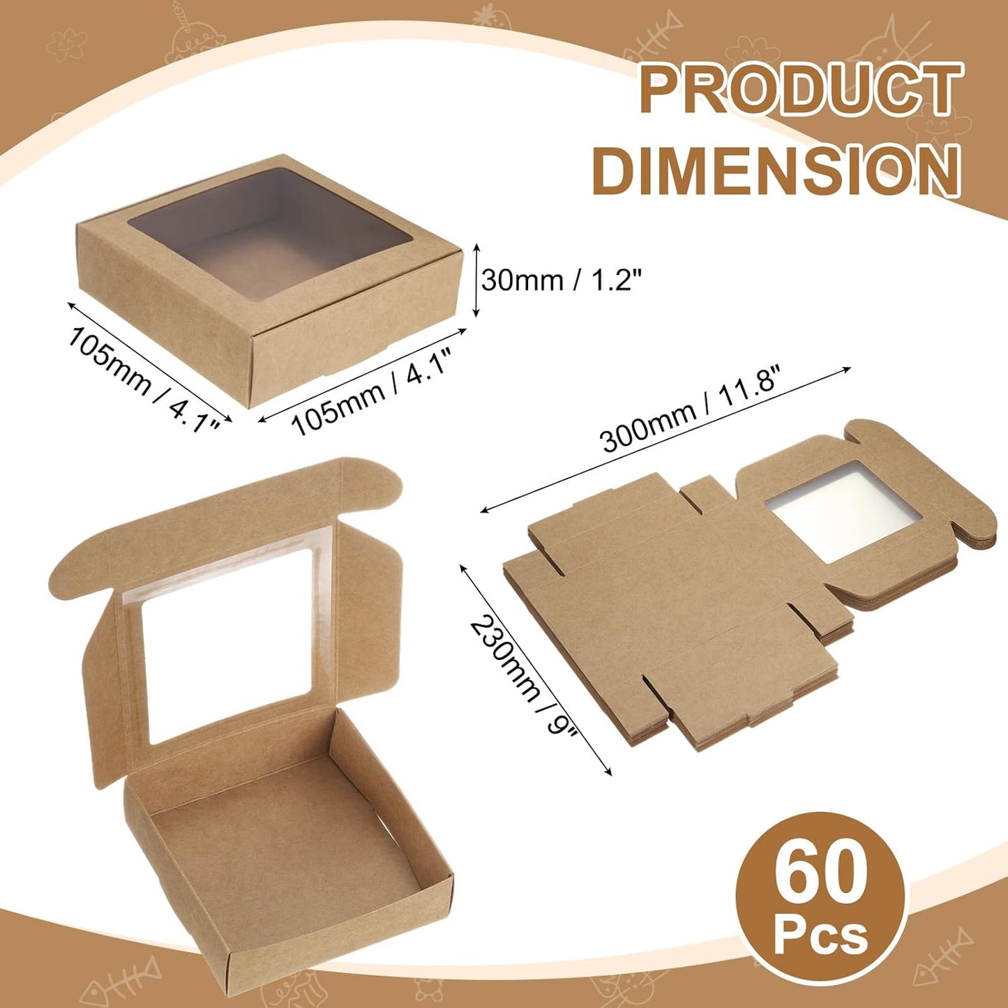 uxcell 60Pcs Kraft Soap Boxes, 4.1 x 4.1 x 1.2Inch Mini Kraft Treat Box with Clear Window for Candy Cookie Gift Party Festival Favor Treats Packaging (Brown)