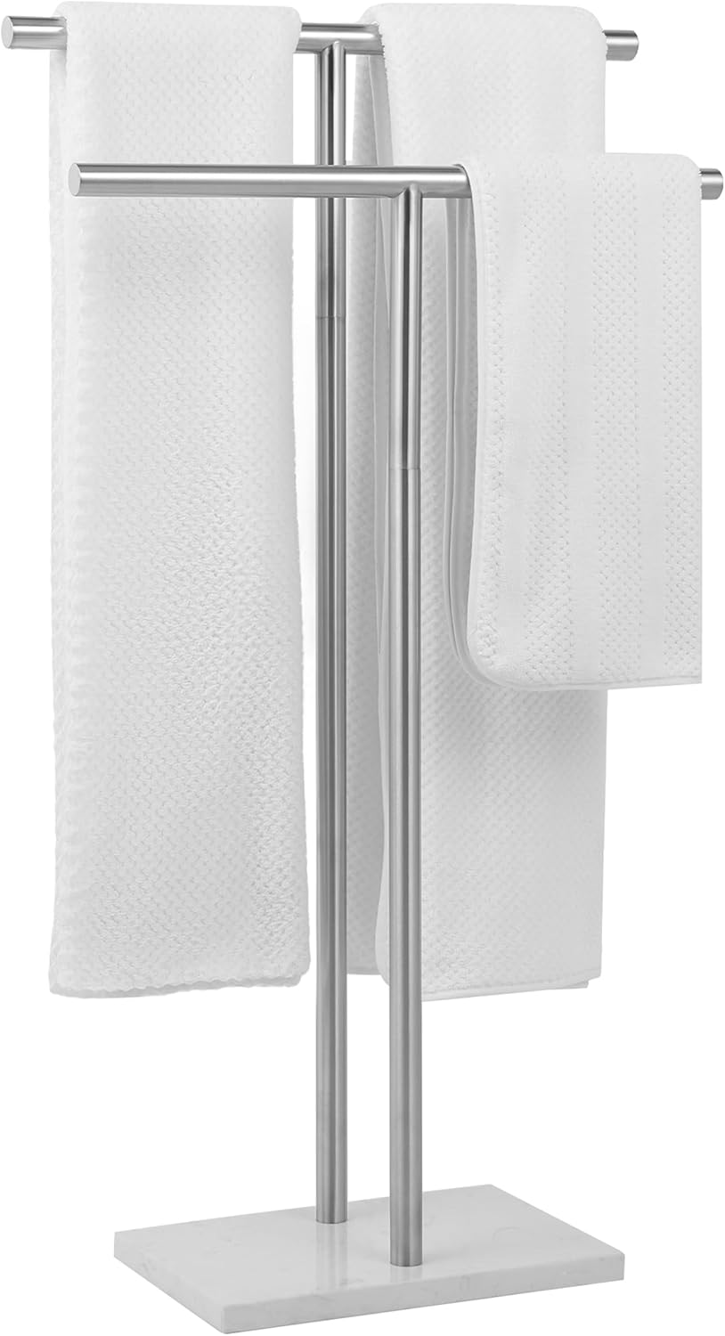 Free Standing Towel Rack for Bathroom - Matte Black Finish - Stand Alone 2 Tier Stainless Steel Towel Rack for Bathroom Floor with Heavy Marble Base - Double T Shape Drying Stand for Towels