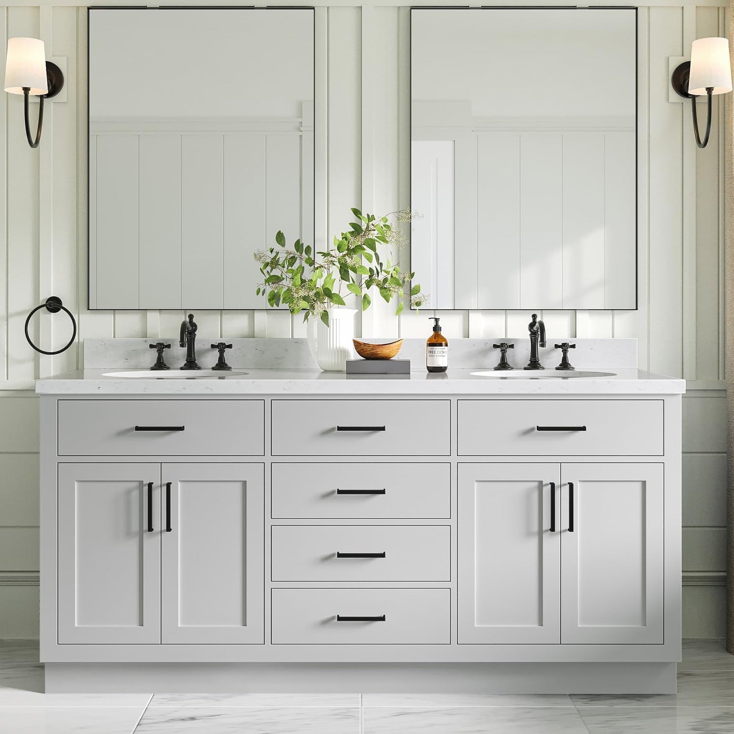 ARIEL 73" White Double Vanity, 1.5" Edge Pure White Quartz Countertop & Splash, Oval Sinks, 4 Soft Closing Doors, 6 Full Extension Dovetail Drawers, Toe Kick, Matte Black