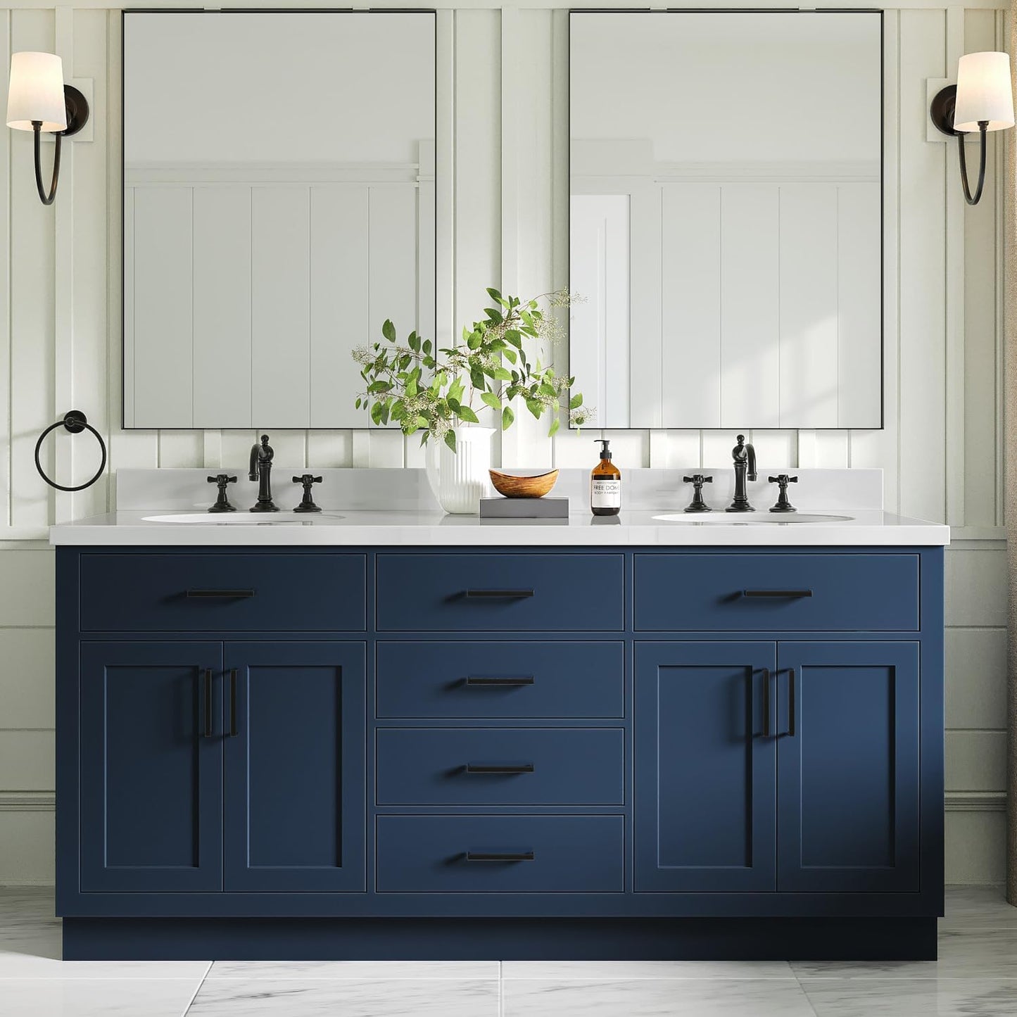 ARIEL 73" White Double Vanity, 1.5" Edge Pure White Quartz Countertop & Splash, Oval Sinks, 4 Soft Closing Doors, 6 Full Extension Dovetail Drawers, Toe Kick, Matte Black