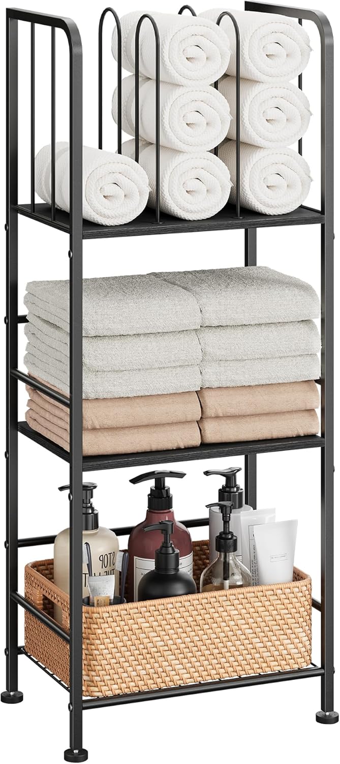Towel Rack Free Standing 3-Tier M-Shaped Detachable Dividers, Durable Metal Holder, Pool Towel Rack, Space-Saving Towel Storage Organizer, Modern Bath Towel Shelf for Home, Poolside, Black
