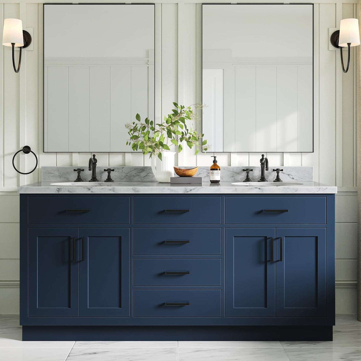 ARIEL 73" White Double Vanity, 1.5" Edge Pure White Quartz Countertop & Splash, Oval Sinks, 4 Soft Closing Doors, 6 Full Extension Dovetail Drawers, Toe Kick, Matte Black