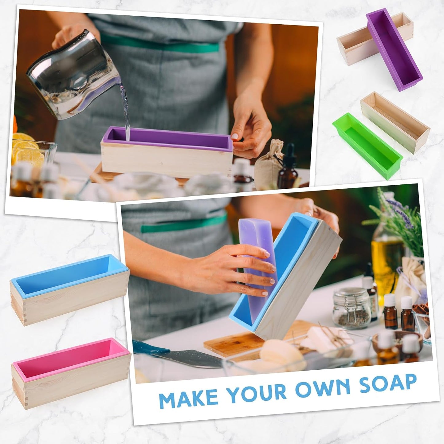 4 Pcs Flexible Rectangular Soap Mold Silicone Molds with Wood Box Soap Loaf Making Supplies DIY Tool for Making Craft(Purple, Green, Blue, Pink)