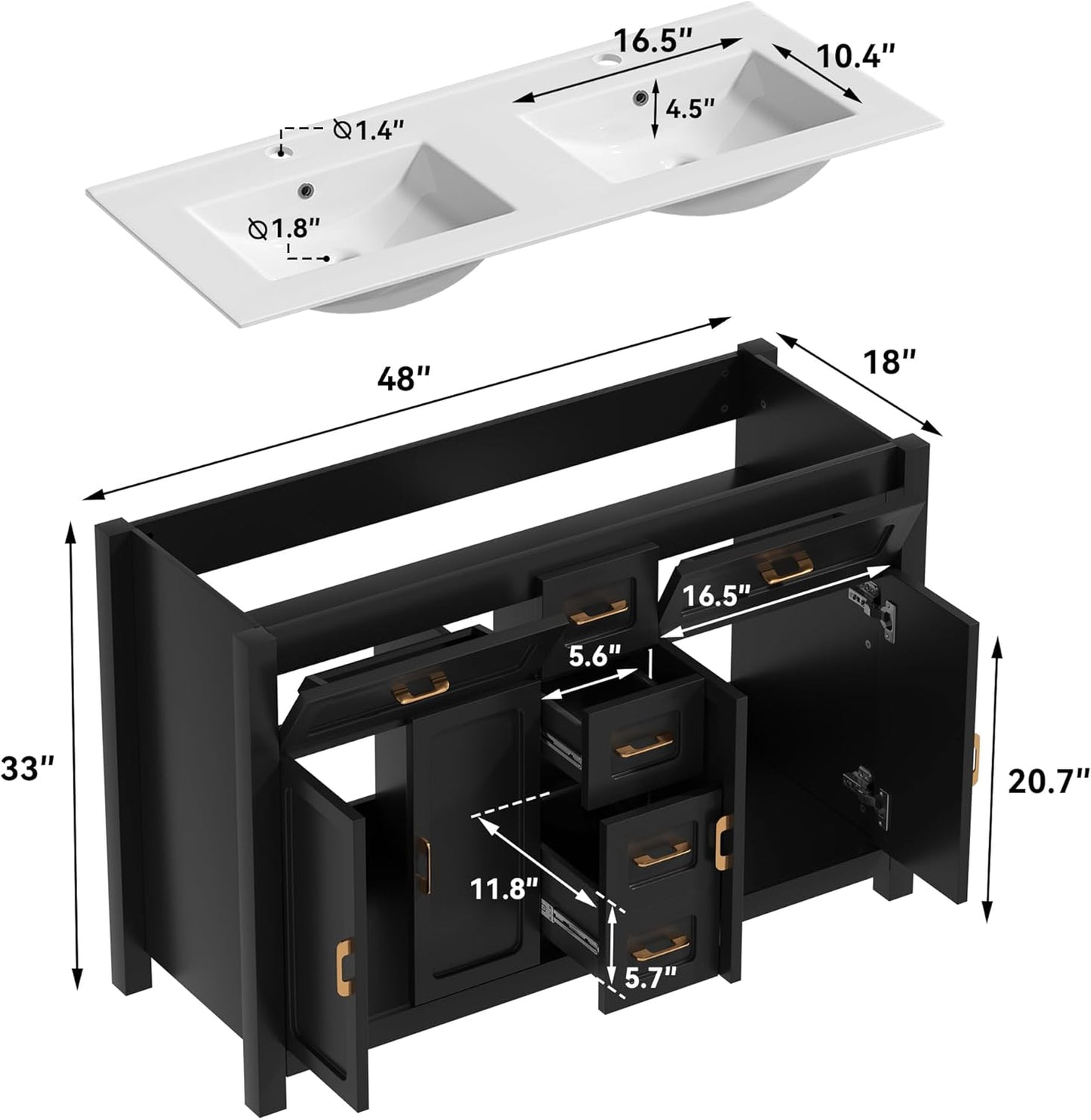 48" Bathroom Vanities with Sink Combo Modern Thickened Wood Bathroom Storage Cabinet Undermount Double Sink, with 4 Soft Closing Doors & 4 Drawers,Black