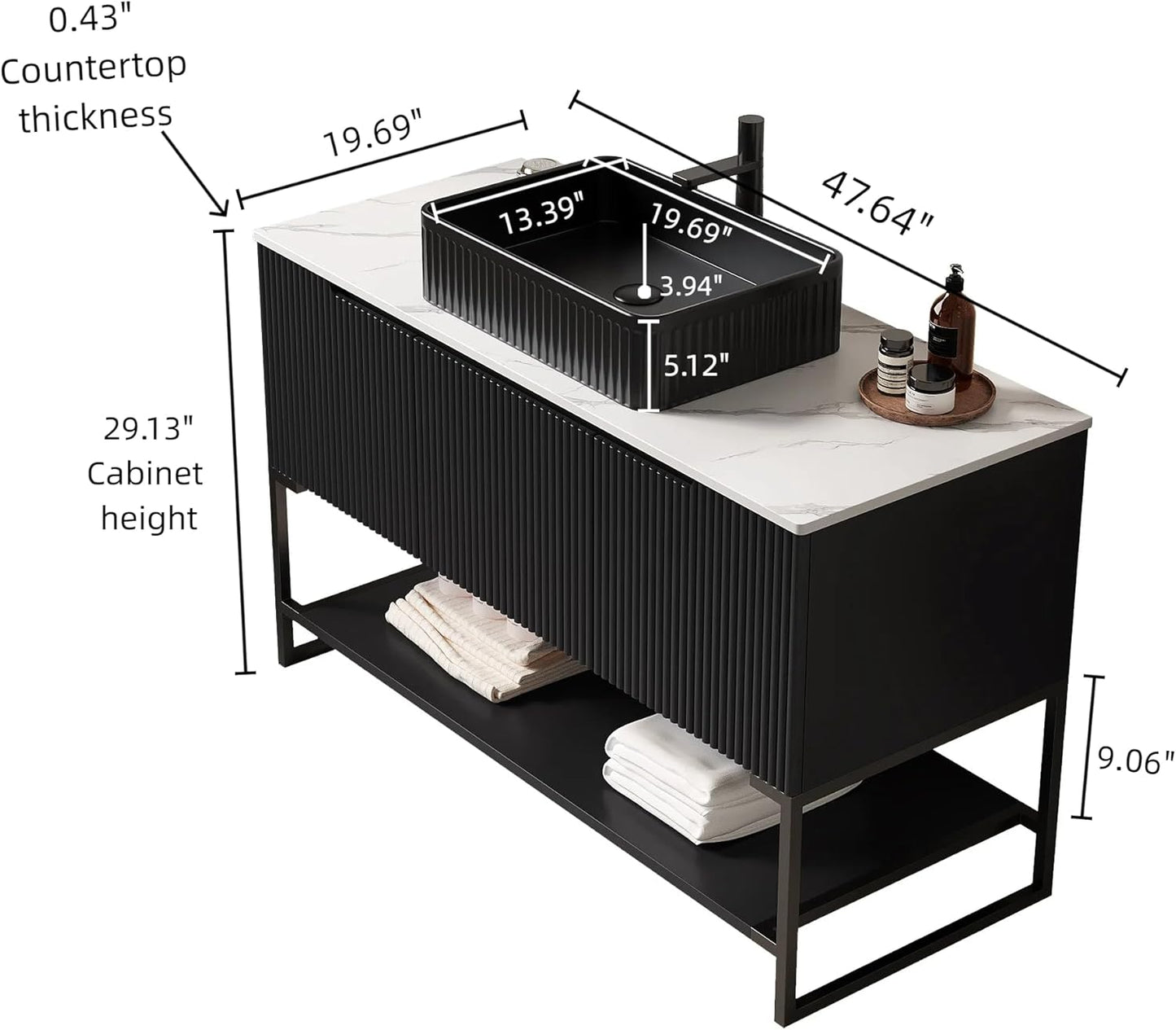 48" Black Bathroom Vanity with Sink, Freestanding Modern Bathroom Vanity with 3 Doors and Open Shelf, Black Rectangular Ceramic Basin and White Sintered Stone Counter Top