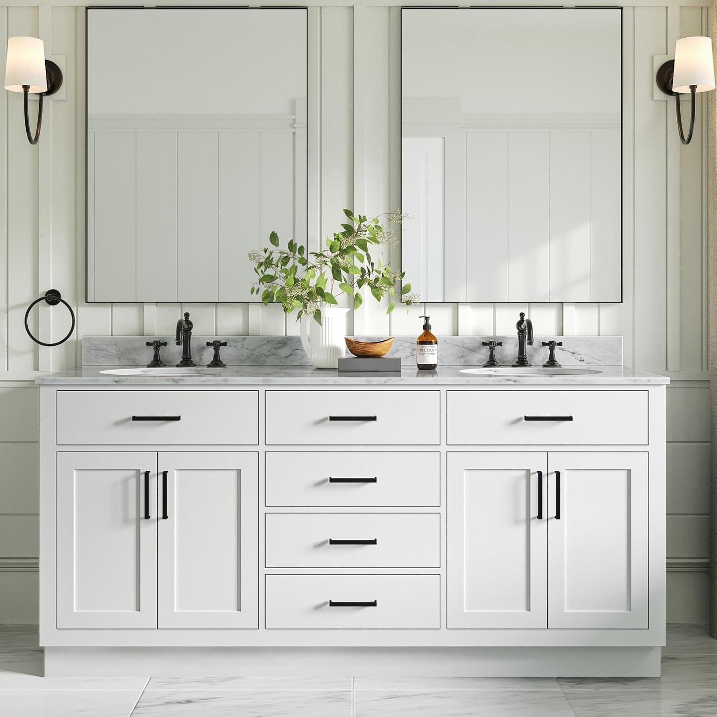 ARIEL 73" White Double Vanity, 1.5" Edge Pure White Quartz Countertop & Splash, Oval Sinks, 4 Soft Closing Doors, 6 Full Extension Dovetail Drawers, Toe Kick, Matte Black