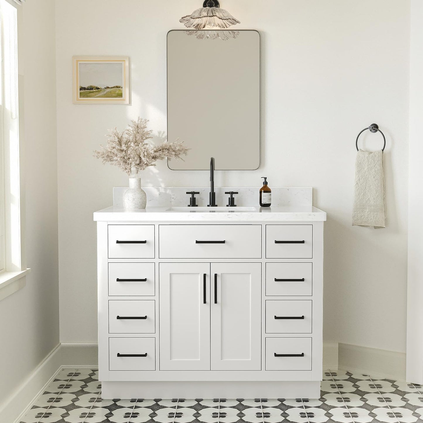 ARIEL Hepburn 42 Inch Single Sink Bathroom Vanity in White, 1.5" Edge Carrara Quartz Top, Solid Wood, Rectangular Sink, 2 Soft Closing Doors, 9 Full Extension Dovetail Drawers, Toe Kick