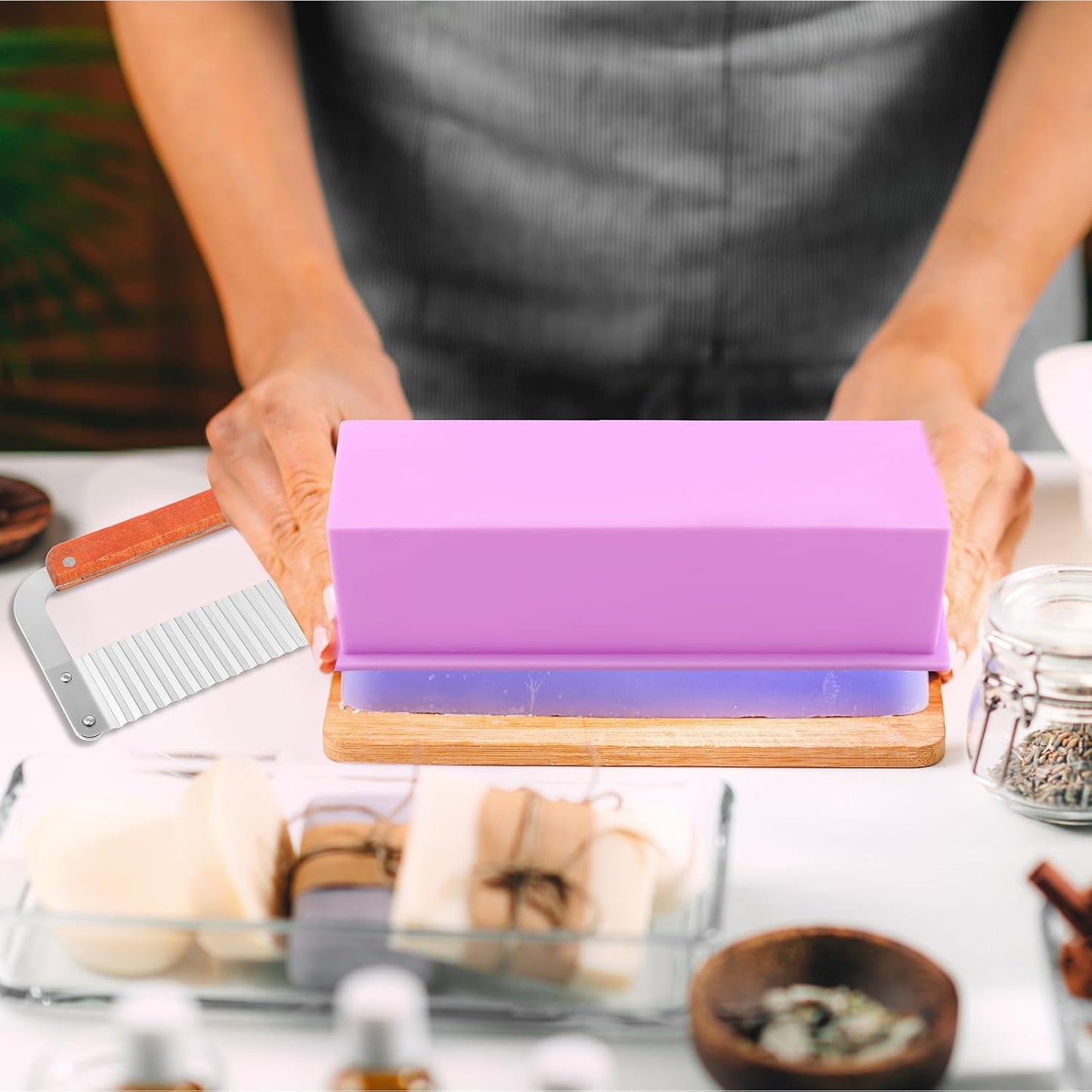Honeydak 2 Pcs Silicone Soap Molds Making Kit 42 oz Silicone Loaf Soap Mold Set with Stainless Steel Wavy & Straight Slicer 50 Bags 60 Stickers 32. 8 ft Rope for Homemade Craft Making Supplies