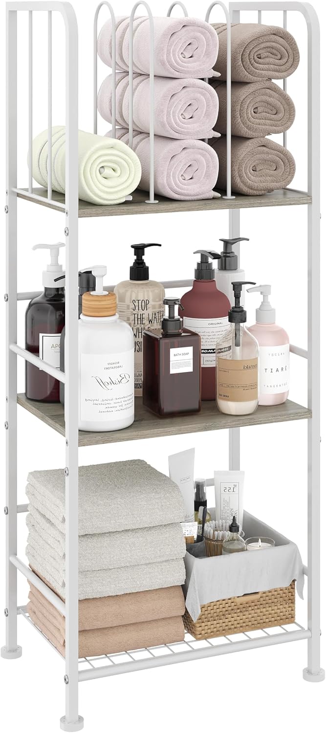 Towel Rack Free Standing 3-Tier M-Shaped Detachable Dividers, Durable Metal Holder, Pool Towel Rack, Space-Saving Towel Storage Organizer, Modern Bath Towel Shelf for Home, Poolside, Black