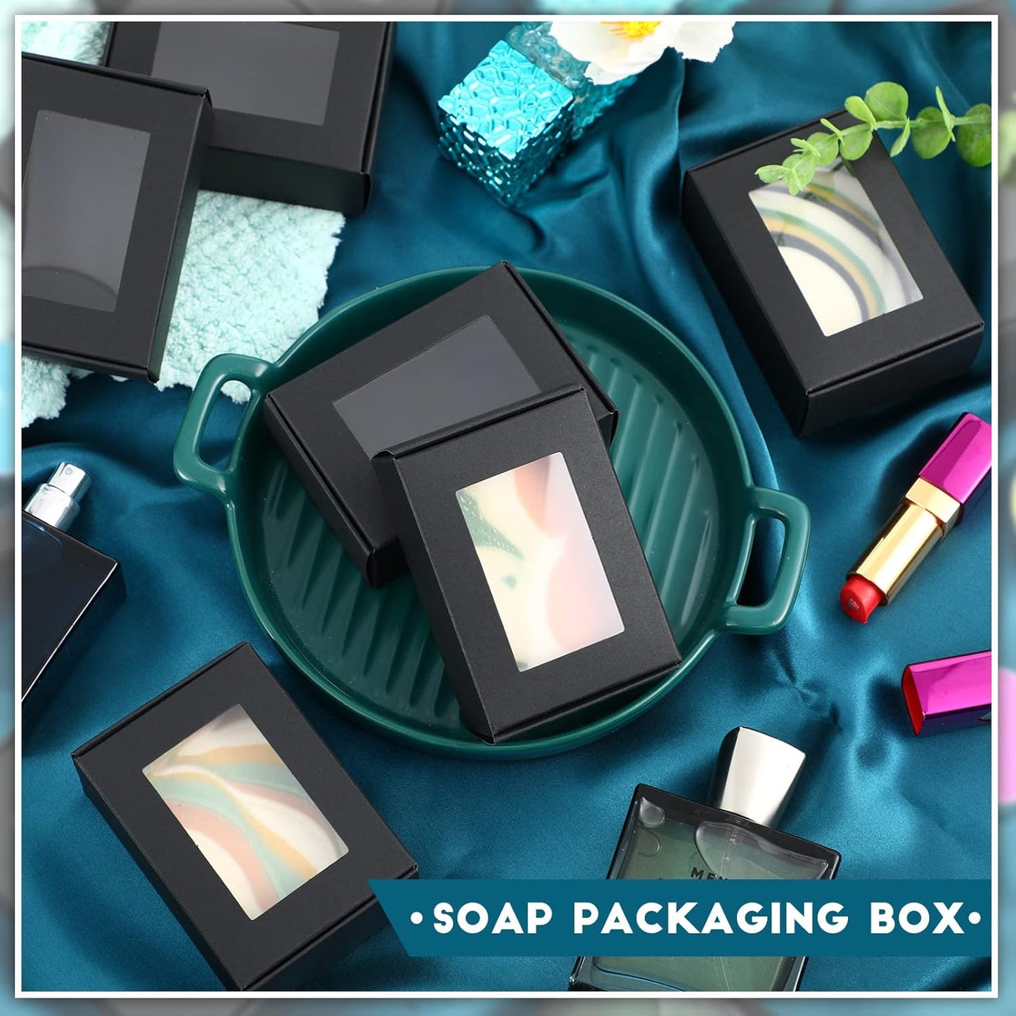 Zonon 300 Pieces Soap Boxes for Homemade Packaging Small Kraft Treat Boxes with Window Present Holder for Candy Bakery Soap Making, 3.54 x 2.44 x 1.26 Inch(Black)