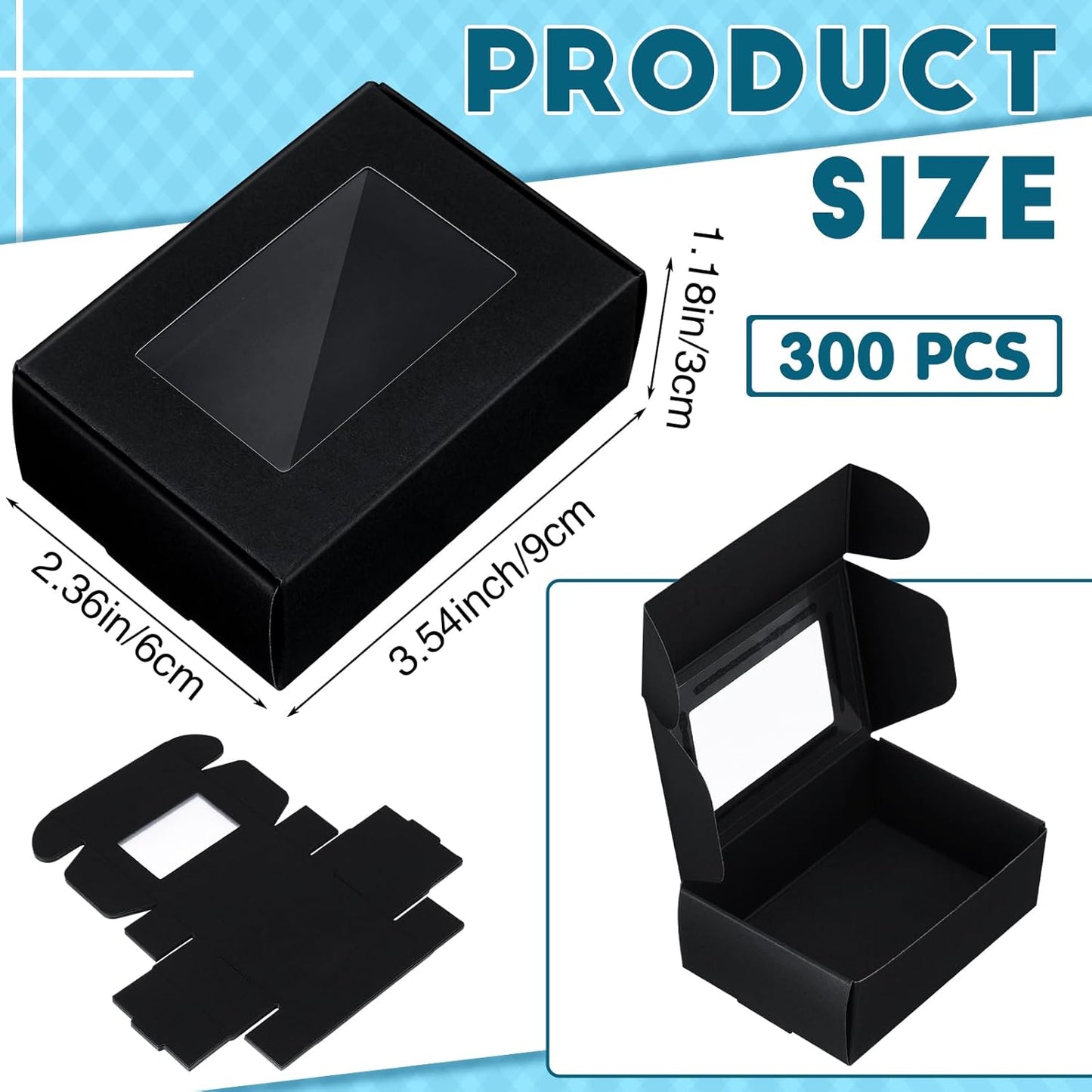 Zonon 300 Pieces Soap Boxes for Homemade Packaging Small Kraft Treat Boxes with Window Present Holder for Candy Bakery Soap Making, 3.54 x 2.44 x 1.26 Inch(Black)
