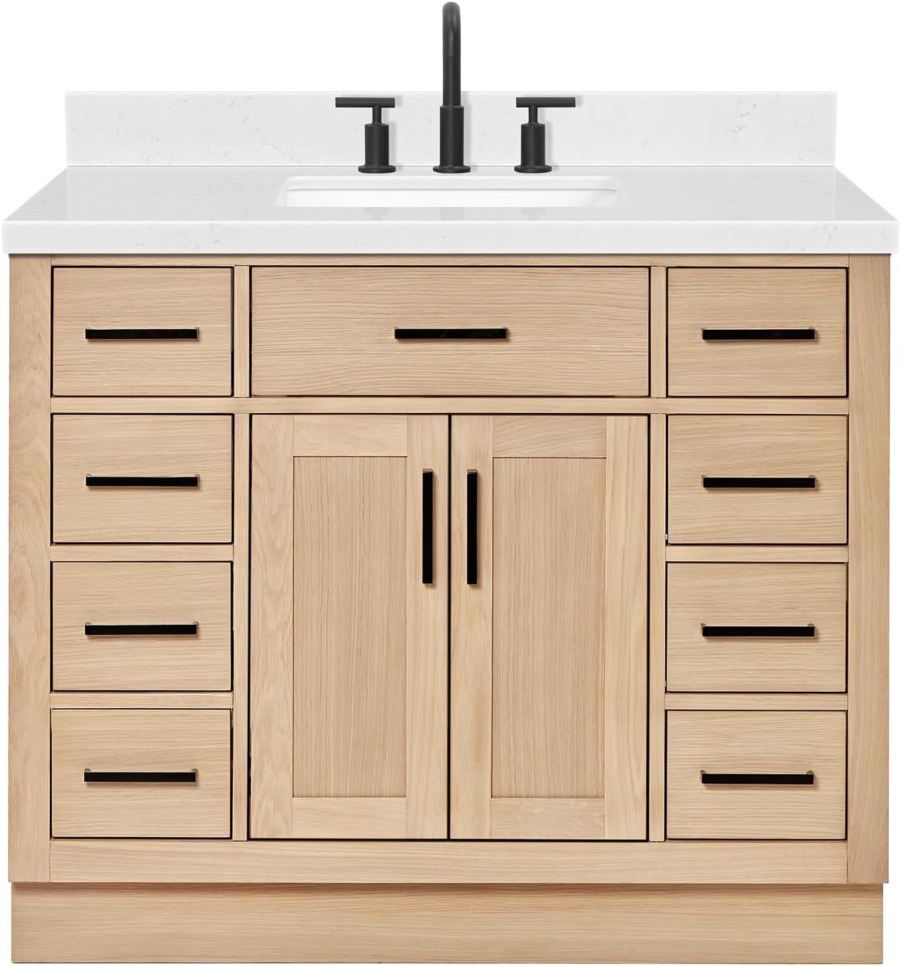 ARIEL Hepburn 42 Inch Single Sink Bathroom Vanity in White, 1.5" Edge Carrara Quartz Top, Solid Wood, Rectangular Sink, 2 Soft Closing Doors, 9 Full Extension Dovetail Drawers, Toe Kick