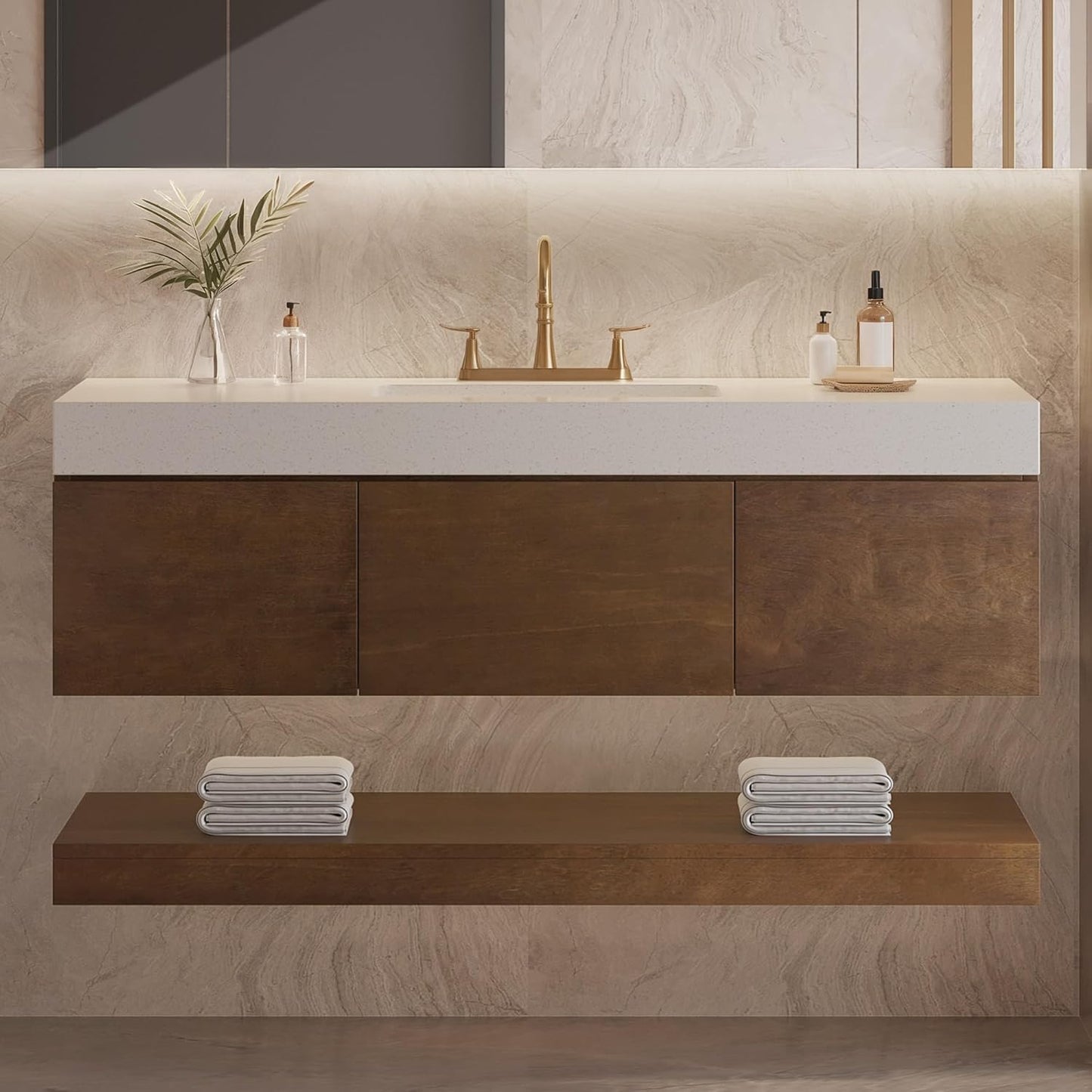 YITAHOME 48 Inch Floating Vanity with 3 Drawers, Wall Mounted Bathroom Vanity with White Quartz Countertop & Oak Veneer, Big Space Storage for Modern Bathroom, Black