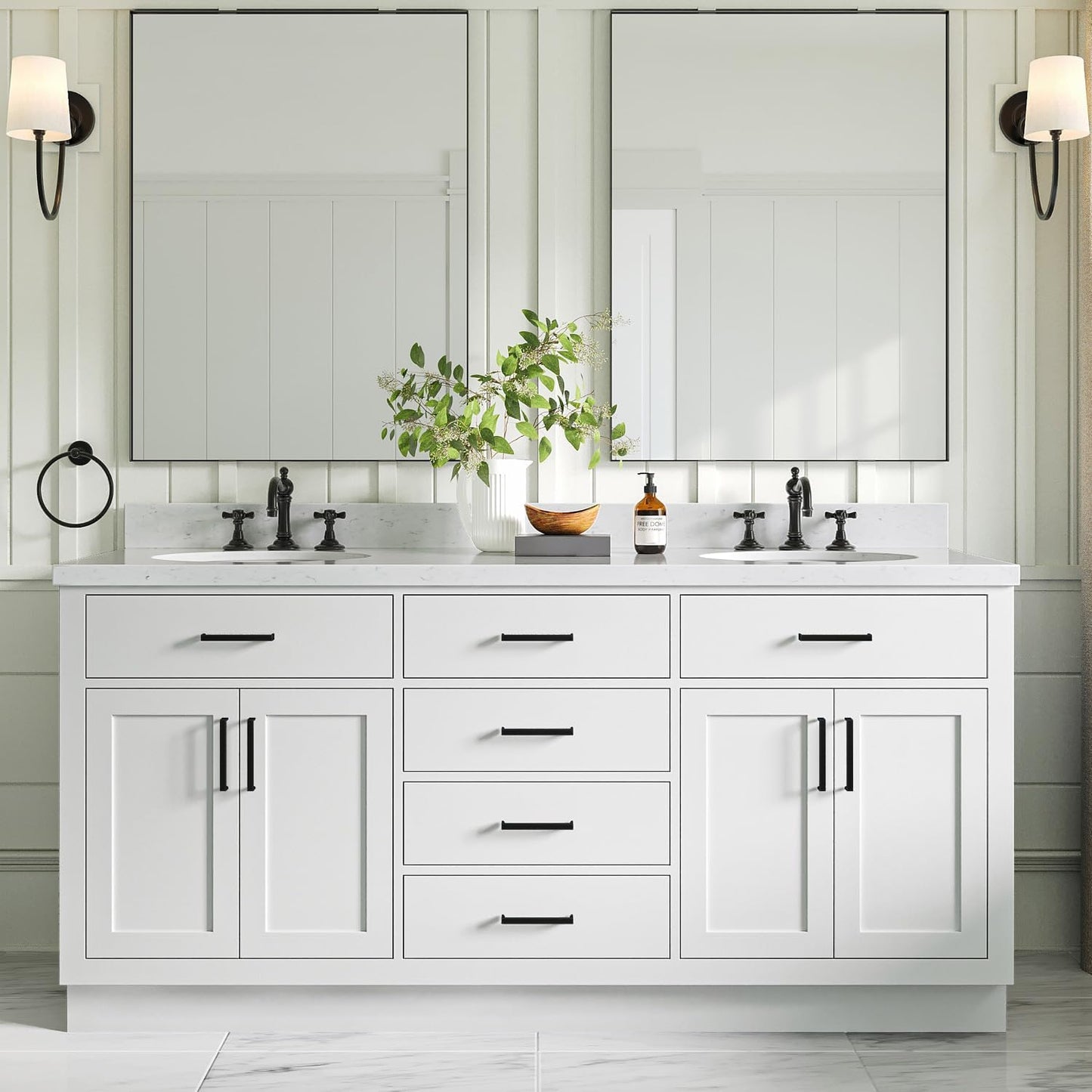 ARIEL 73" White Double Vanity, 1.5" Edge Pure White Quartz Countertop & Splash, Oval Sinks, 4 Soft Closing Doors, 6 Full Extension Dovetail Drawers, Toe Kick, Matte Black