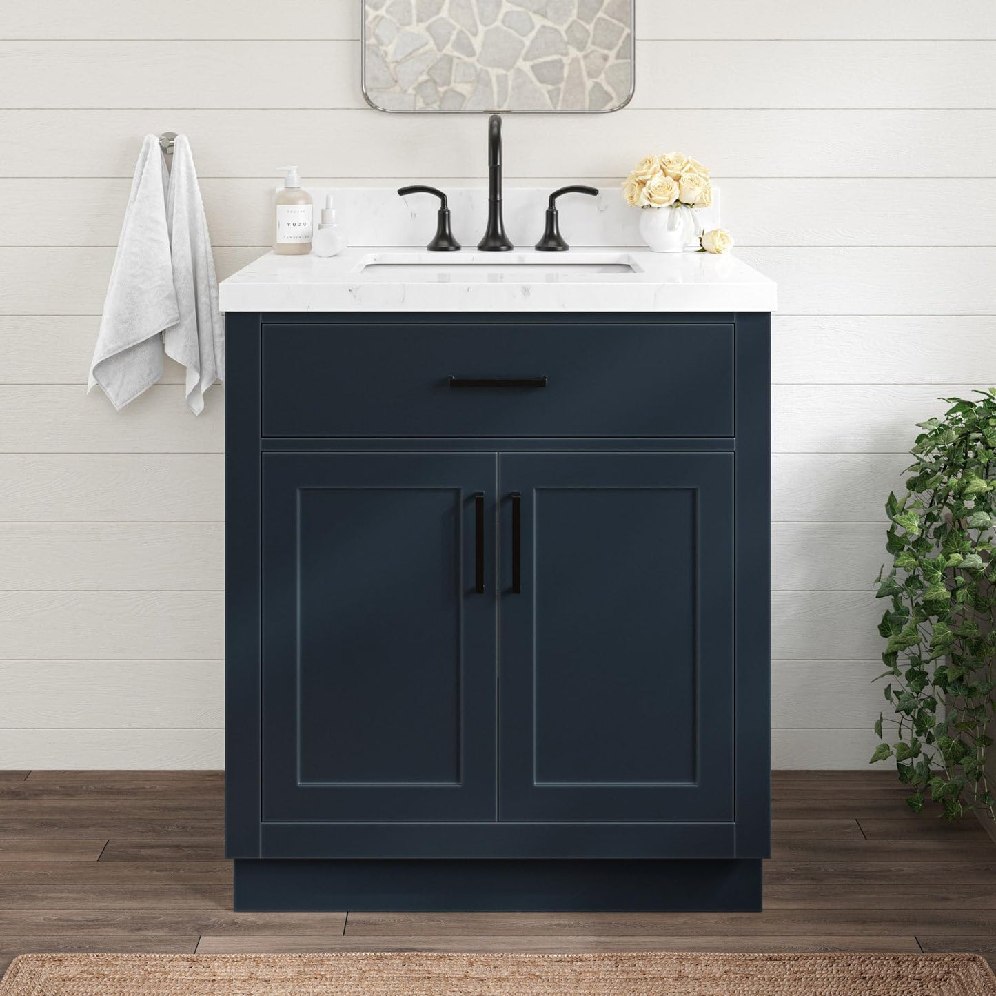ARIEL 31" Bathroom Vanity with Single Sink, White Bathroom Vanity Cabinet, Quartz Top 1.5" Edge, Solid Wood, Undermount Bathroom Sink, 2 Soft Closing Doors, 1 Tip-Out Drawer, Hepburn Collection