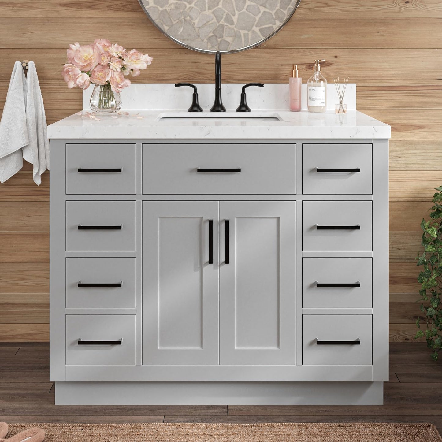ARIEL Hepburn 42 Inch Single Sink Bathroom Vanity in White, 1.5" Edge Carrara Quartz Top, Solid Wood, Rectangular Sink, 2 Soft Closing Doors, 9 Full Extension Dovetail Drawers, Toe Kick