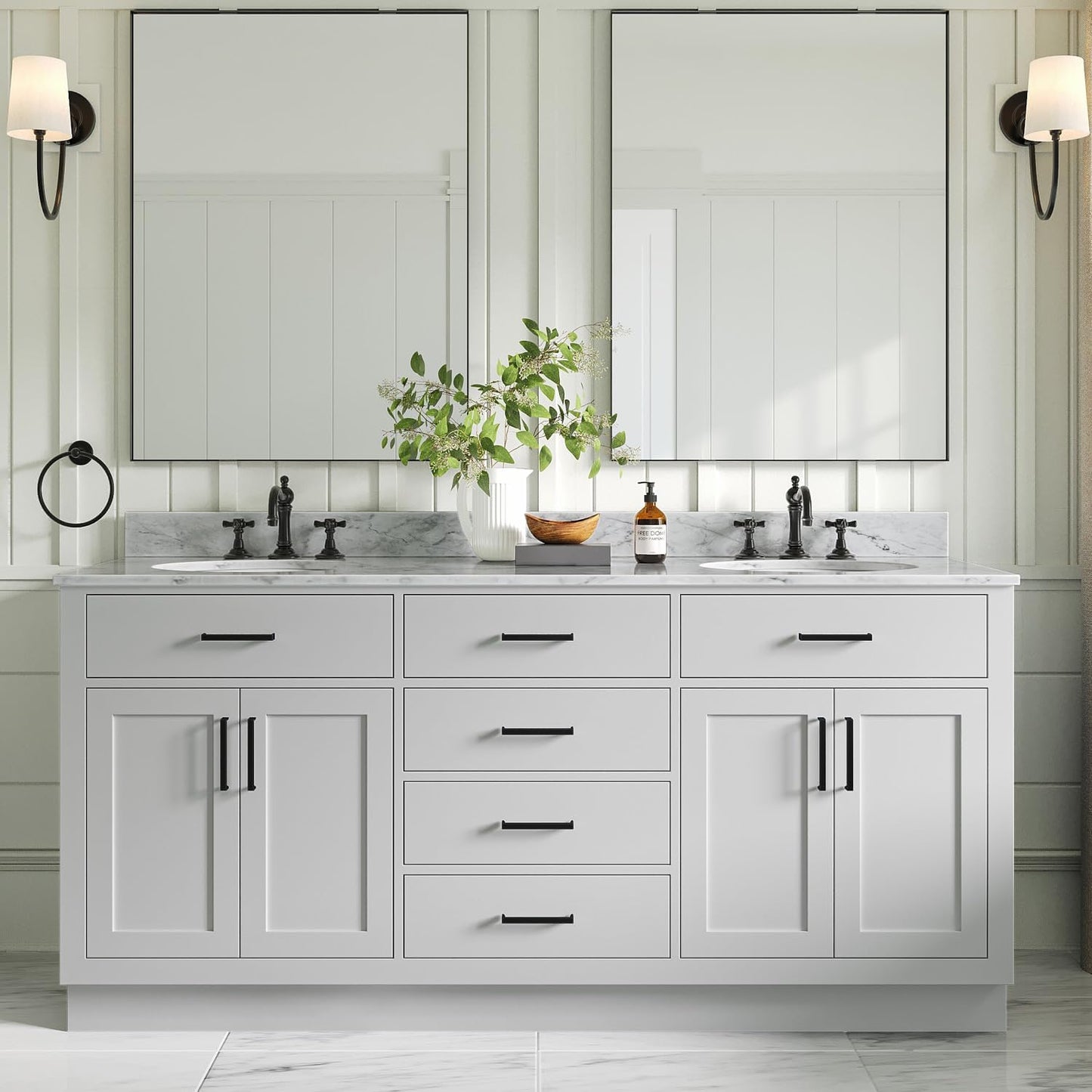 ARIEL 73" White Double Vanity, 1.5" Edge Pure White Quartz Countertop & Splash, Oval Sinks, 4 Soft Closing Doors, 6 Full Extension Dovetail Drawers, Toe Kick, Matte Black