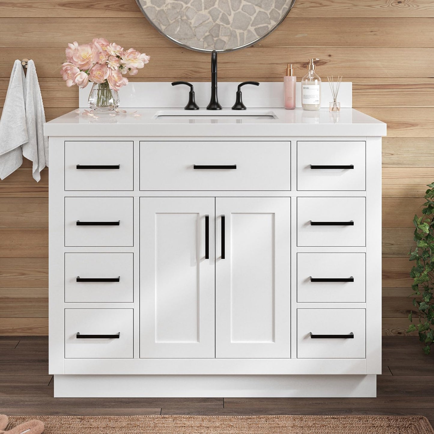 ARIEL Hepburn 42 Inch Single Sink Bathroom Vanity in White, 1.5" Edge Carrara Quartz Top, Solid Wood, Rectangular Sink, 2 Soft Closing Doors, 9 Full Extension Dovetail Drawers, Toe Kick