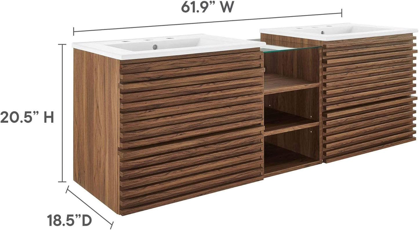 Modway Render 62 Inch Mid-Century Modern Floating Bathroom Vanity with Double Sink in Walnut White – Wall-Mount Vanity with Storage Cabinet and Dual Ceramic Sinks