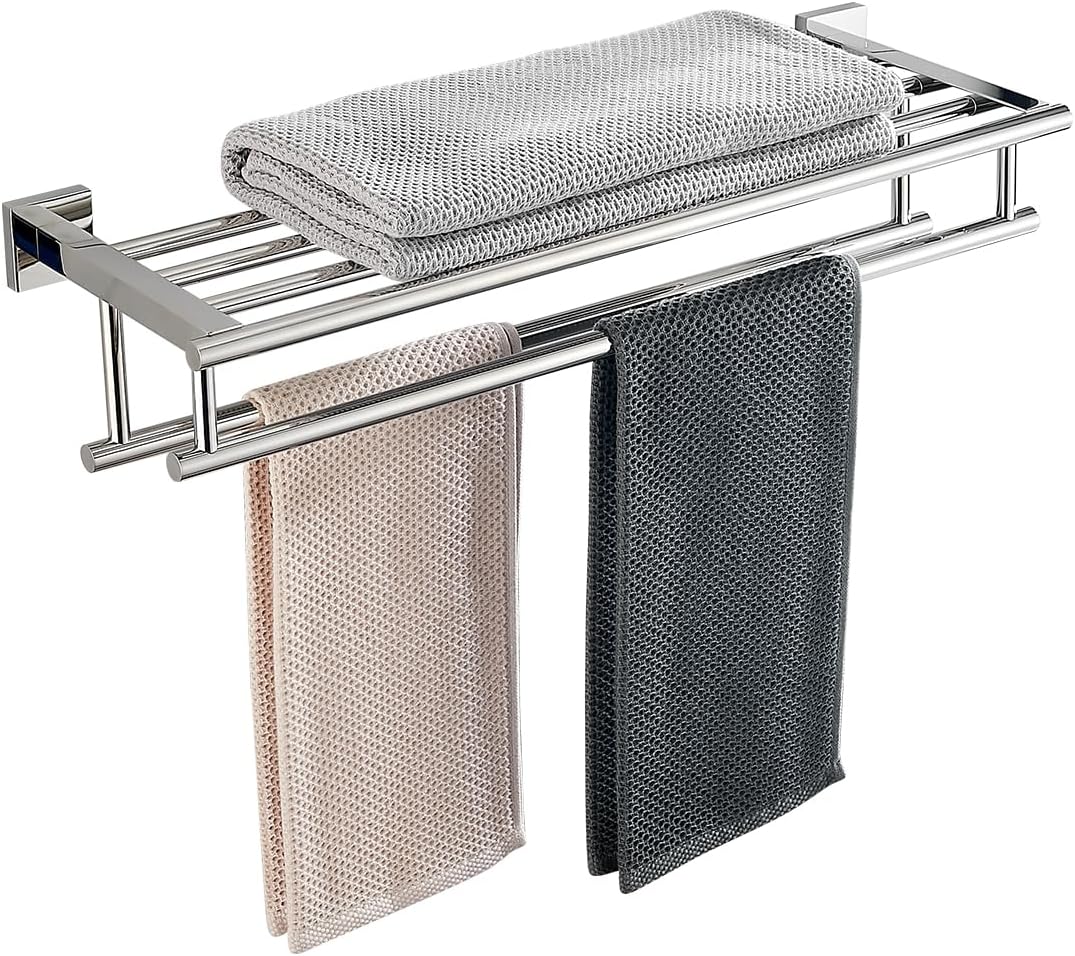 Bathroom Towel Rack 24 Inch Tower Holder with Double Towel Bar Brushed Nickel Towel Rack Wall Mounted SUS304 Stainless Steel Hotel Towel Shelf Modern Towel Hanger