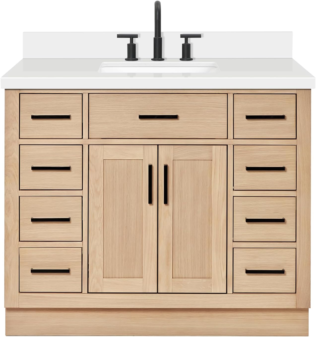 ARIEL Hepburn 42 Inch Single Sink Bathroom Vanity in White, 1.5" Edge Carrara Quartz Top, Solid Wood, Rectangular Sink, 2 Soft Closing Doors, 9 Full Extension Dovetail Drawers, Toe Kick