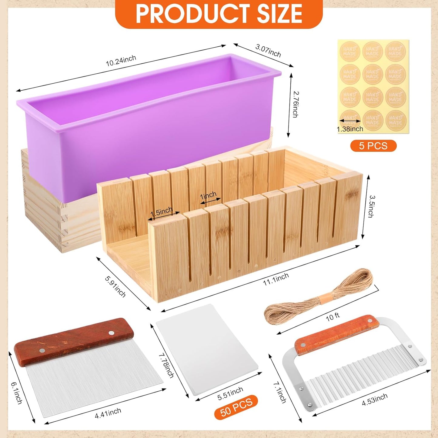 Honeydak 2 Pcs Silicone Soap Molds Making Kit 42 oz Silicone Loaf Soap Mold Set with Stainless Steel Wavy & Straight Slicer 50 Bags 60 Stickers 32. 8 ft Rope for Homemade Craft Making Supplies