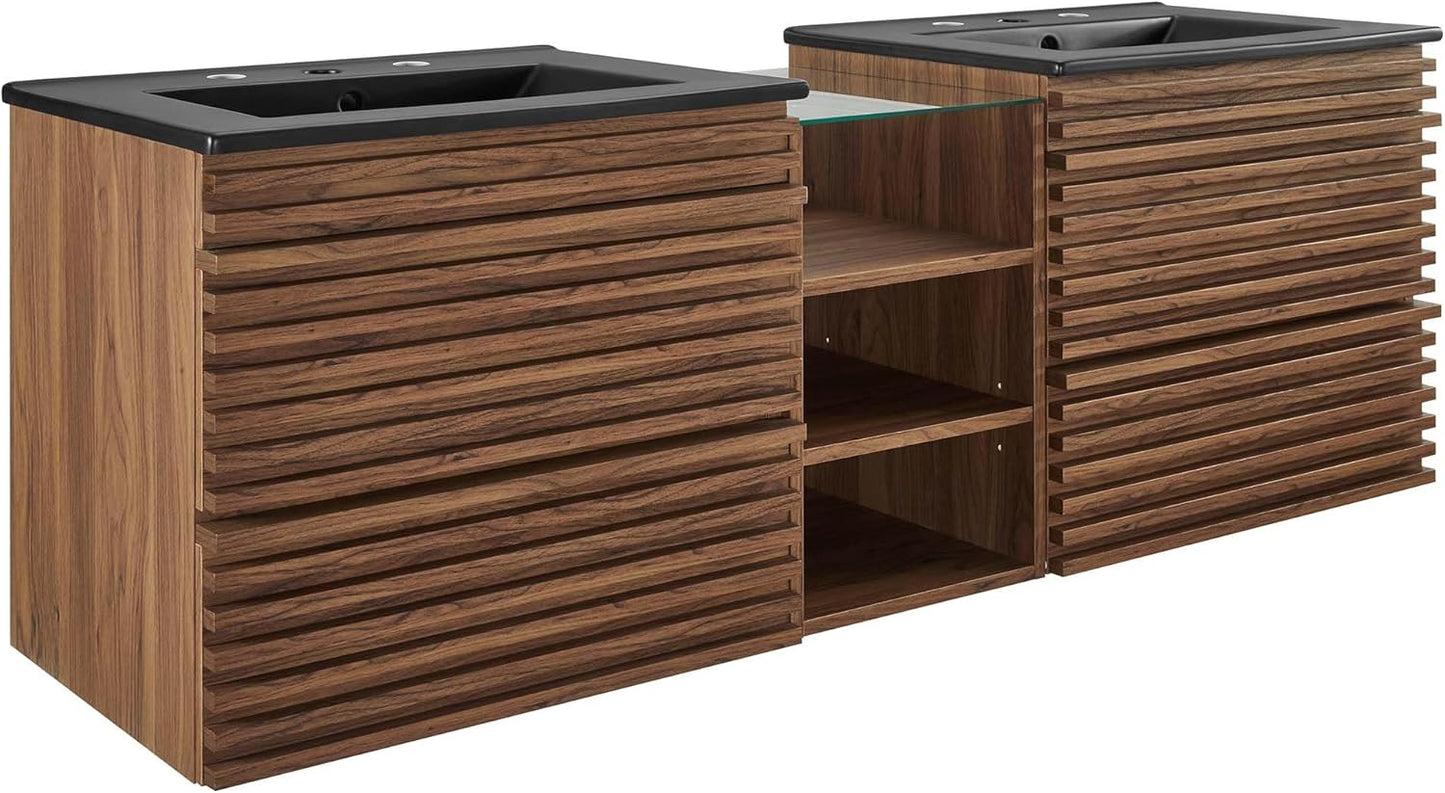 Modway Render 62 Inch Mid-Century Modern Floating Bathroom Vanity with Double Sink in Walnut White – Wall-Mount Vanity with Storage Cabinet and Dual Ceramic Sinks