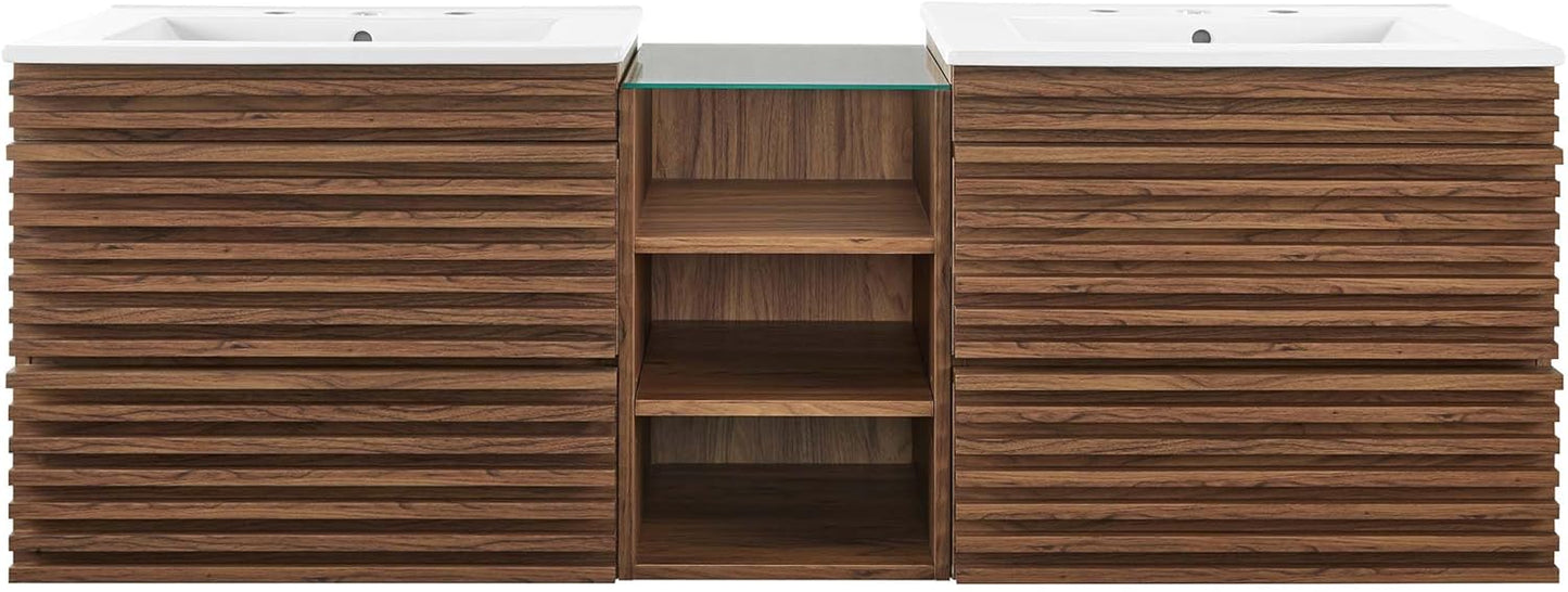 Modway Render 62 Inch Mid-Century Modern Floating Bathroom Vanity with Double Sink in Walnut White – Wall-Mount Vanity with Storage Cabinet and Dual Ceramic Sinks