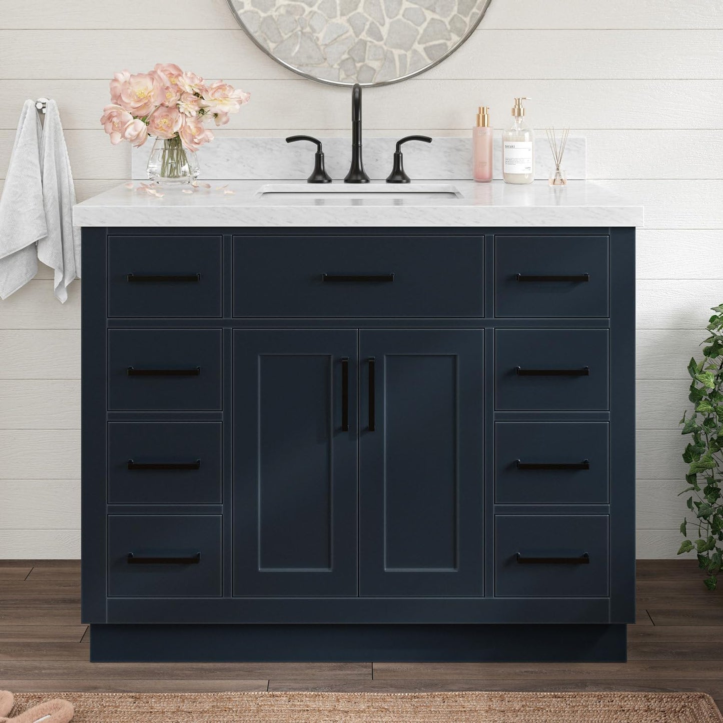 ARIEL Hepburn 42 Inch Single Sink Bathroom Vanity in White, 1.5" Edge Carrara Quartz Top, Solid Wood, Rectangular Sink, 2 Soft Closing Doors, 9 Full Extension Dovetail Drawers, Toe Kick