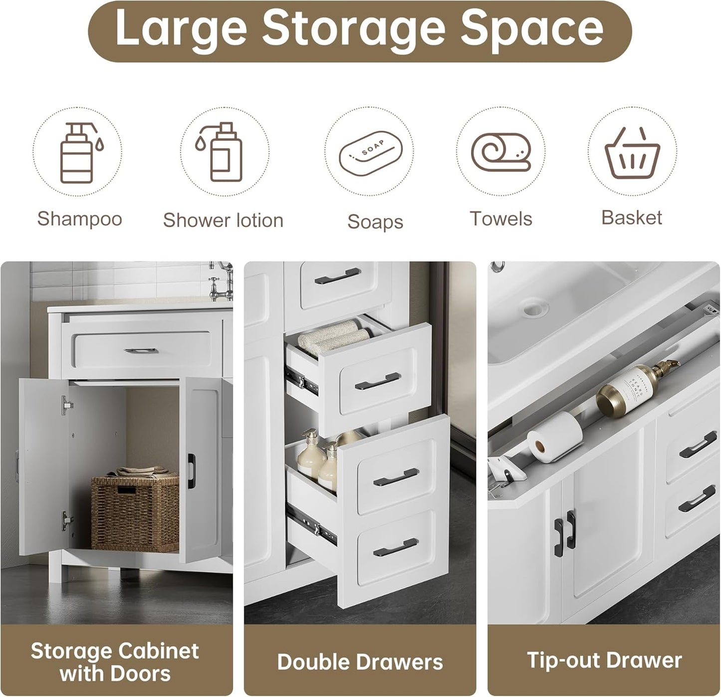 48" Bathroom Vanities with Sink Combo Modern Thickened Wood Bathroom Storage Cabinet Undermount Double Sink, with 4 Soft Closing Doors & 4 Drawers,Black
