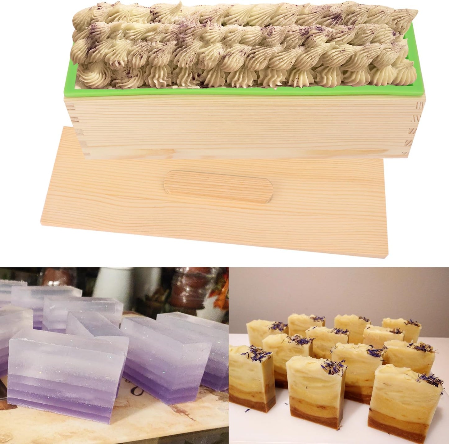 6 Packs 42oz Soap Loaf Wood Box for Soap Making, Green Premium Silicone Loaf Soap Mollds with Wooden Box and Lid, Ideal for Large Size Homemade Soaps, Flexible and Heat Resistant
