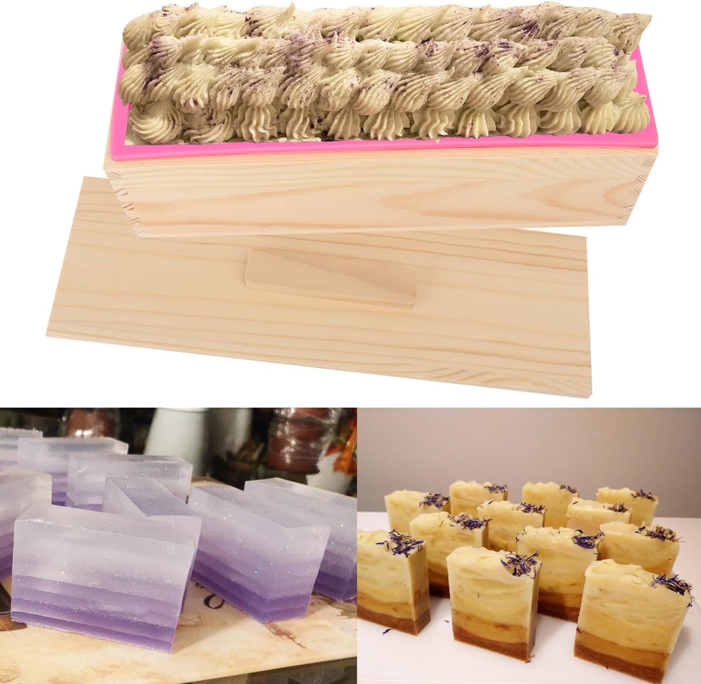 Artisan Soap Loaf Wood Box with 4 Pink Silicone Molds - 42oz, Flexible & Heat Resistant