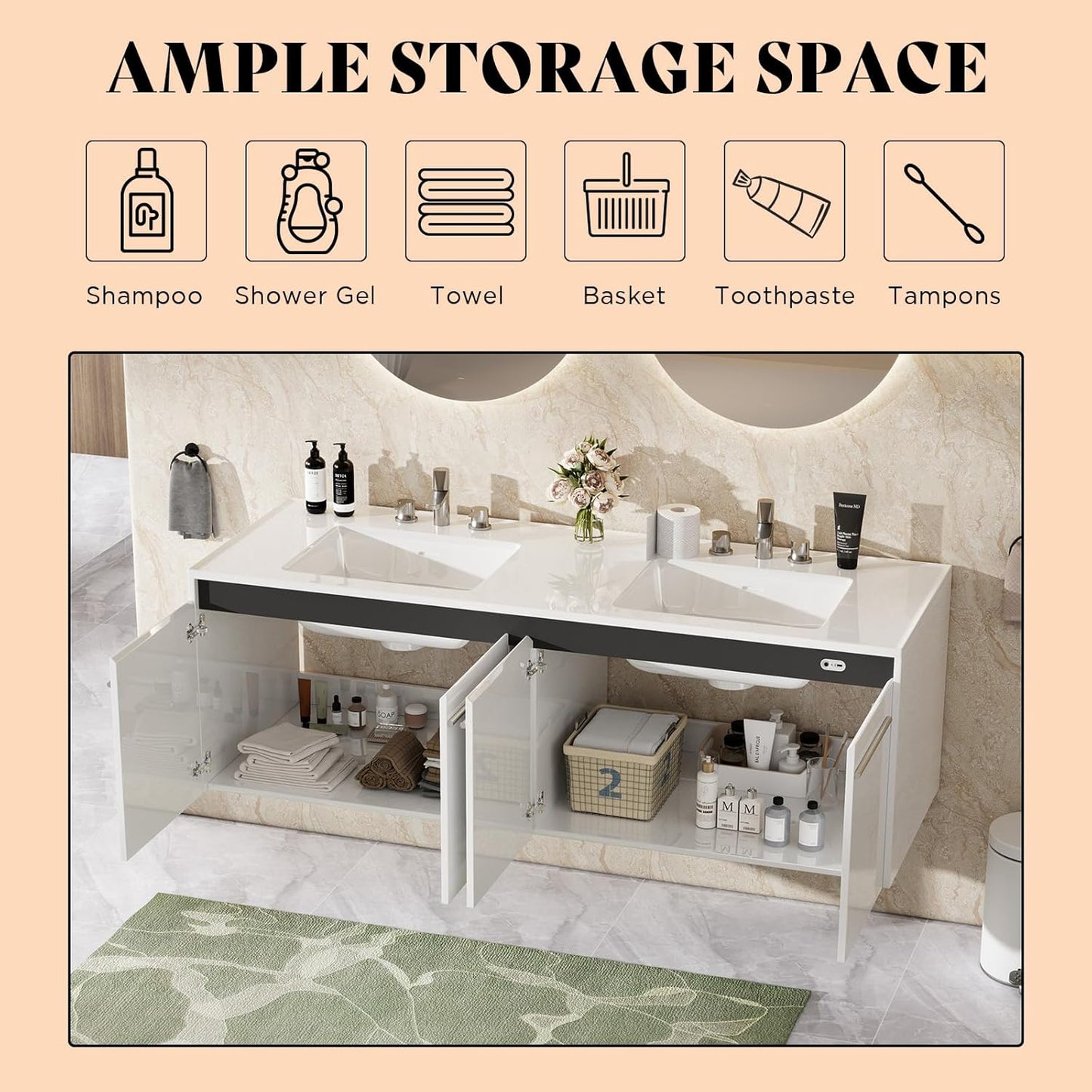 AMERLIFE 60" LED Floating Bathroom Double Vanity with Sink Combo, Modern High Gloss Wall Mounted Bathroom Storage Cabinet with 3 Hole Sink & & Metal Handles & Soft Closing Doors, White