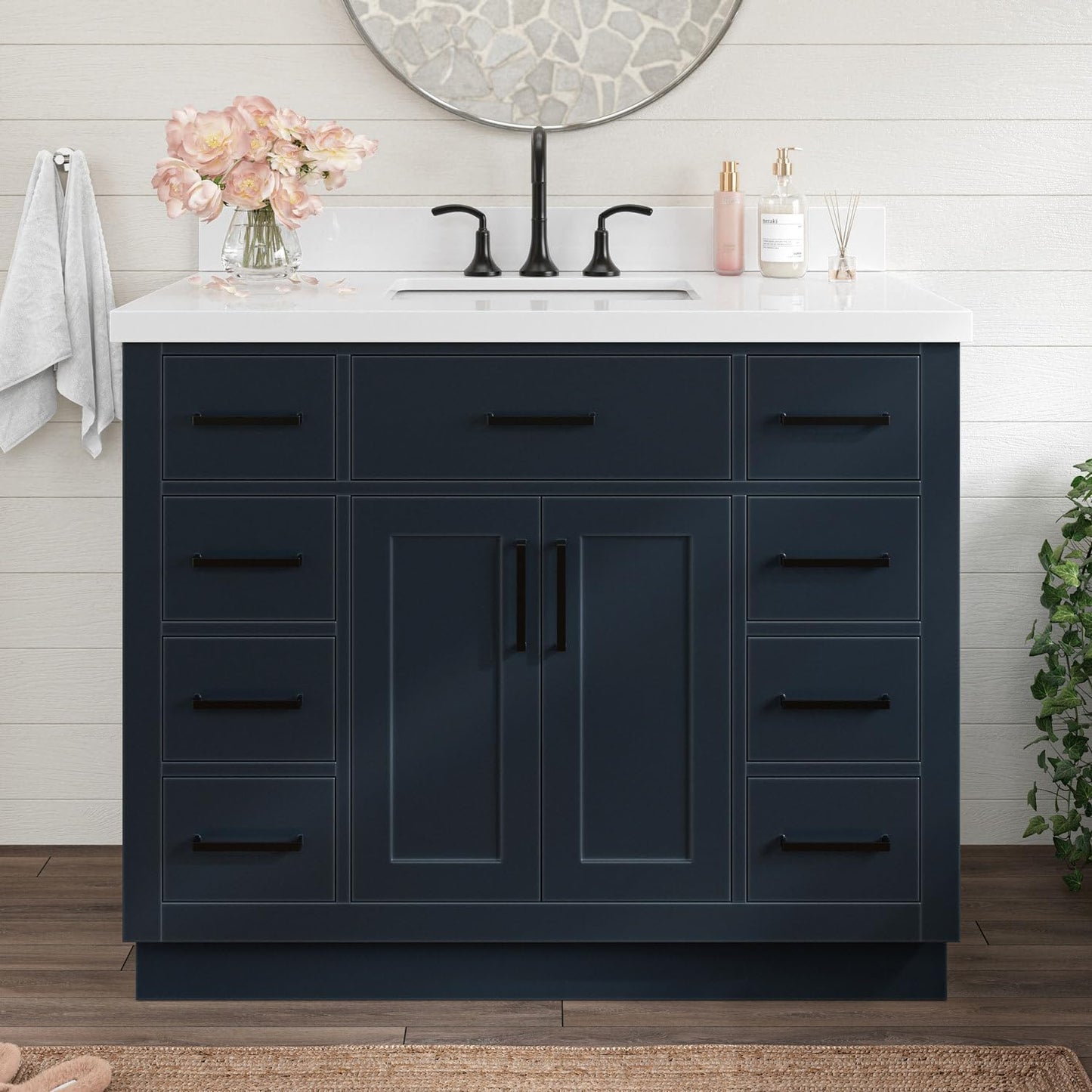 ARIEL Hepburn 42 Inch Single Sink Bathroom Vanity in White, 1.5" Edge Carrara Quartz Top, Solid Wood, Rectangular Sink, 2 Soft Closing Doors, 9 Full Extension Dovetail Drawers, Toe Kick