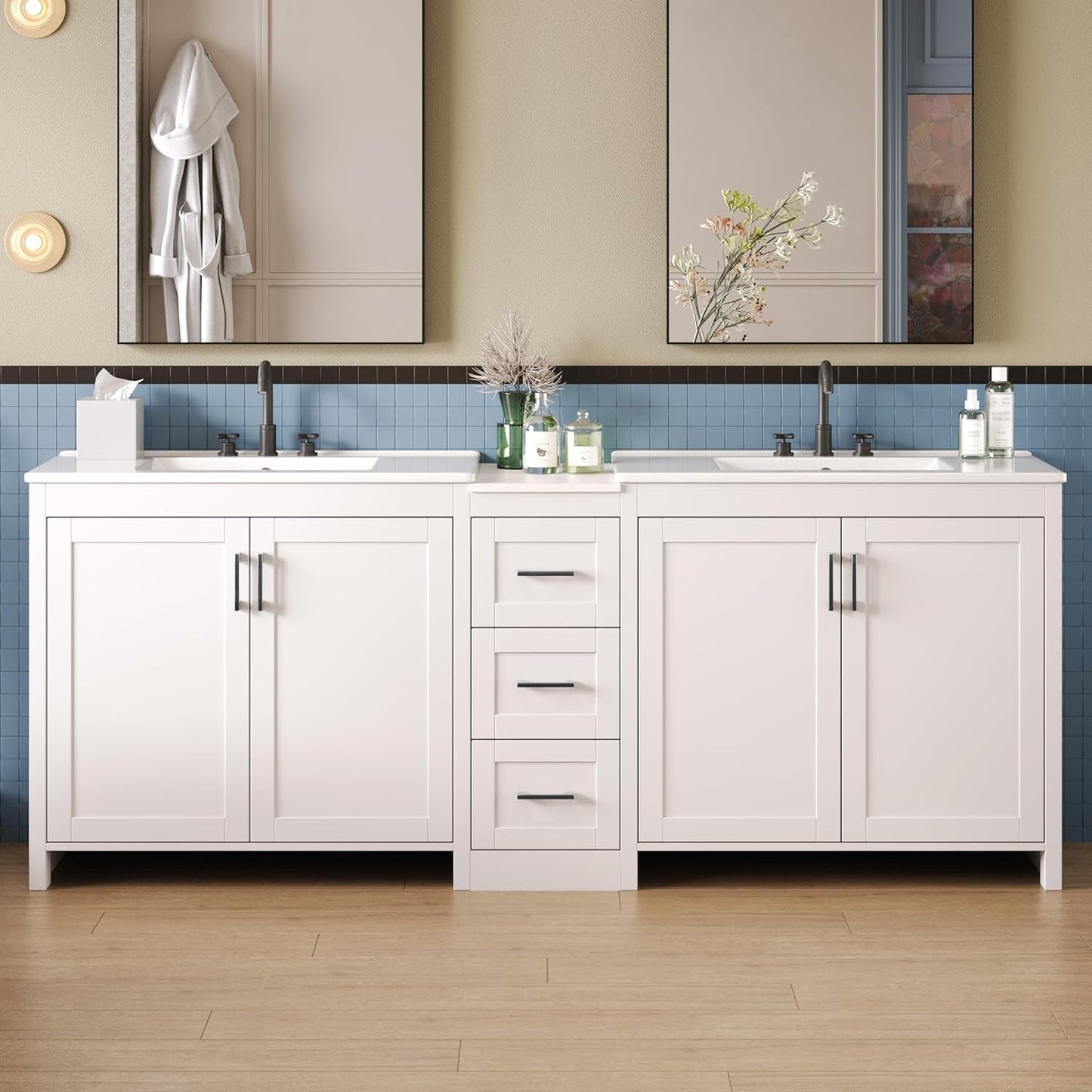 84 Inch Bathroom Vanity with Double Sink,Large Double Sink Vanities with 3 Drawers Storage Cabinet,Intergrated Ceramic & Middle Quartz Countertop,Adjustable Shelves,Soft Close Hinges,Grey,6004G