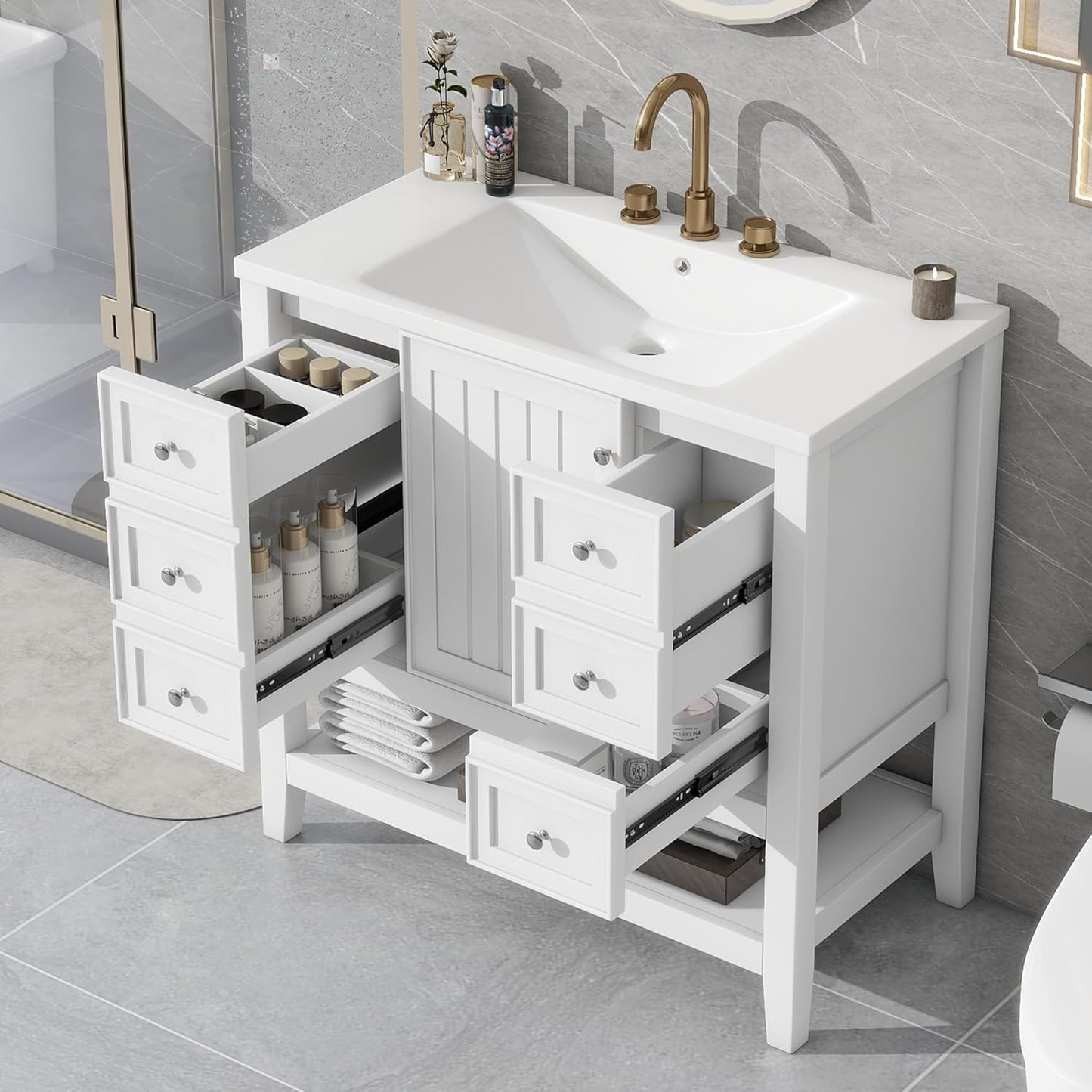 48" Bathroom Vanities with Sink Combo Modern Thickened Wood Bathroom Storage Cabinet Undermount Double Sink, with 4 Soft Closing Doors & 4 Drawers,Black