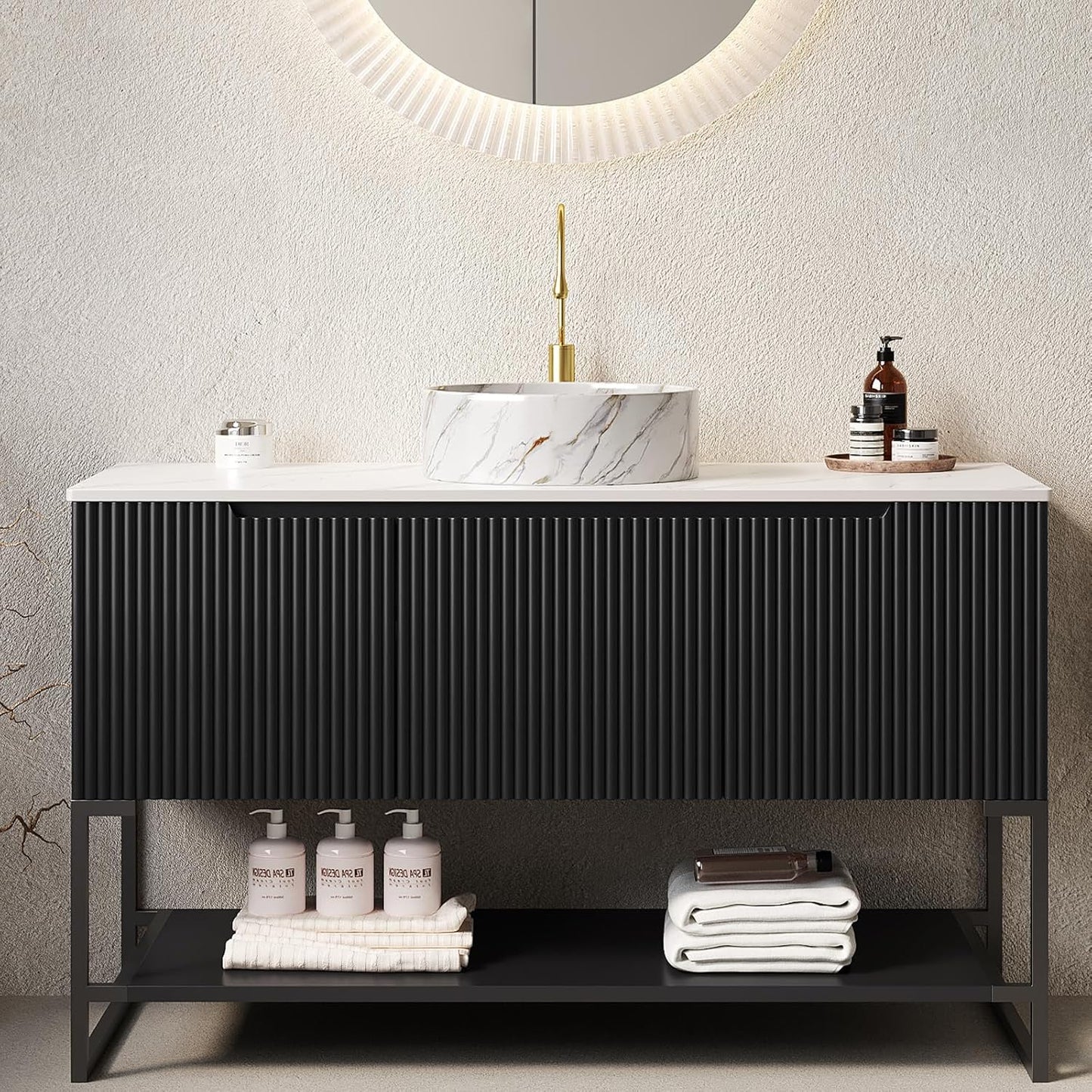 48" Black Bathroom Vanity with Sink, Freestanding Modern Bathroom Vanity with 3 Doors and Open Shelf, Black Rectangular Ceramic Basin and White Sintered Stone Counter Top