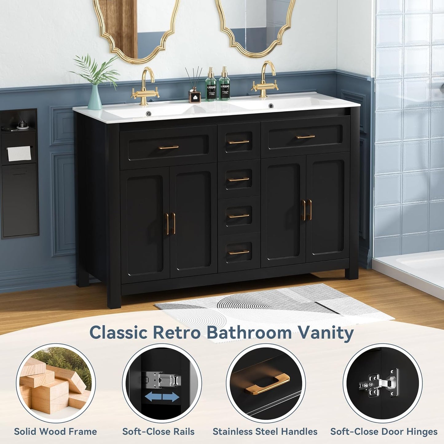 48" Bathroom Vanities with Sink Combo Modern Thickened Wood Bathroom Storage Cabinet Undermount Double Sink, with 4 Soft Closing Doors & 4 Drawers,Black
